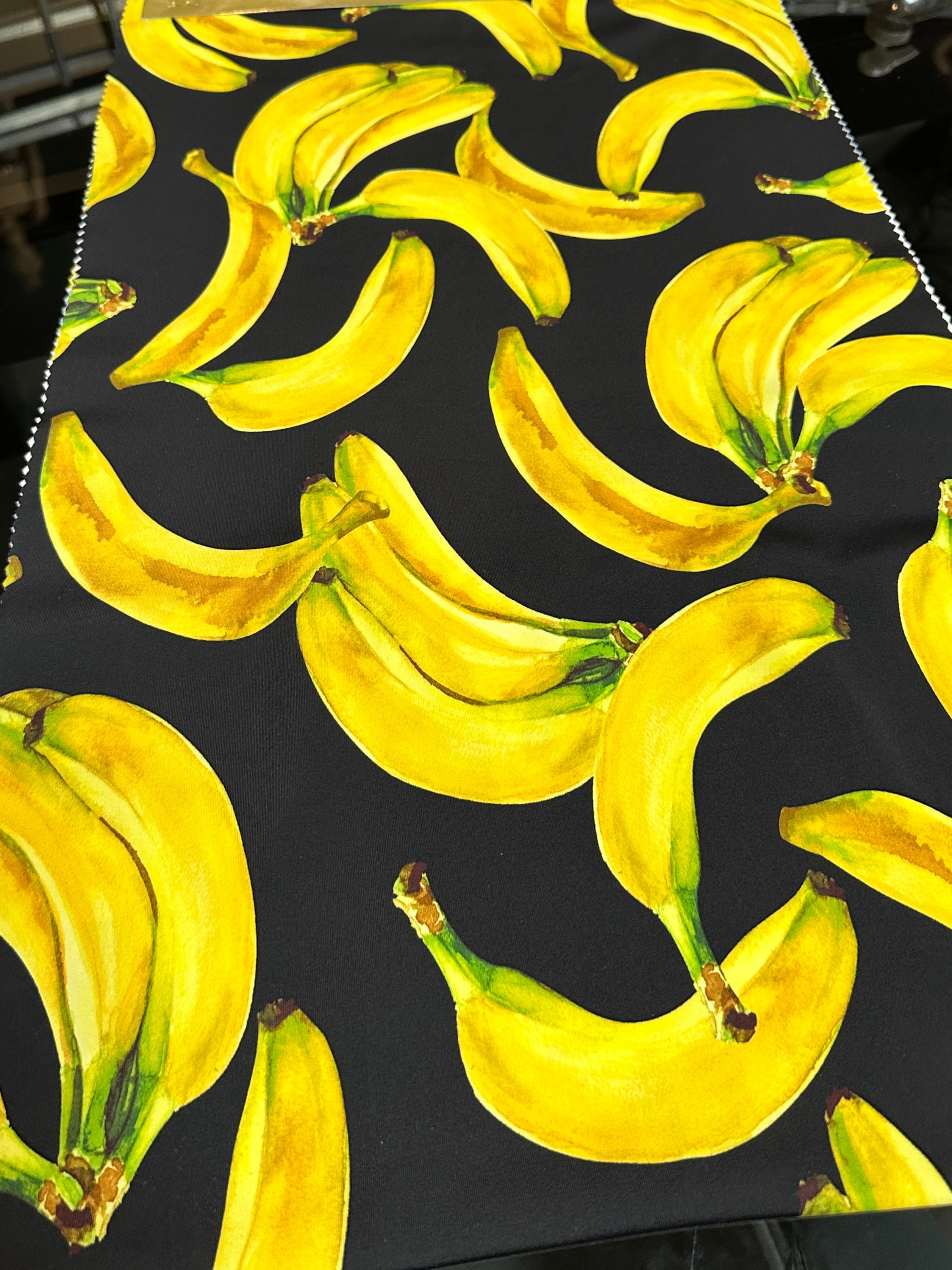 banana print fabric, banana nylon spandex, printed spandex fabric, spandex for legging, fabric for dancewear, kikitextiles, printed fabric, spandex store usa, spandex for woman, spandex on sale, spandex on discount, premium spandex