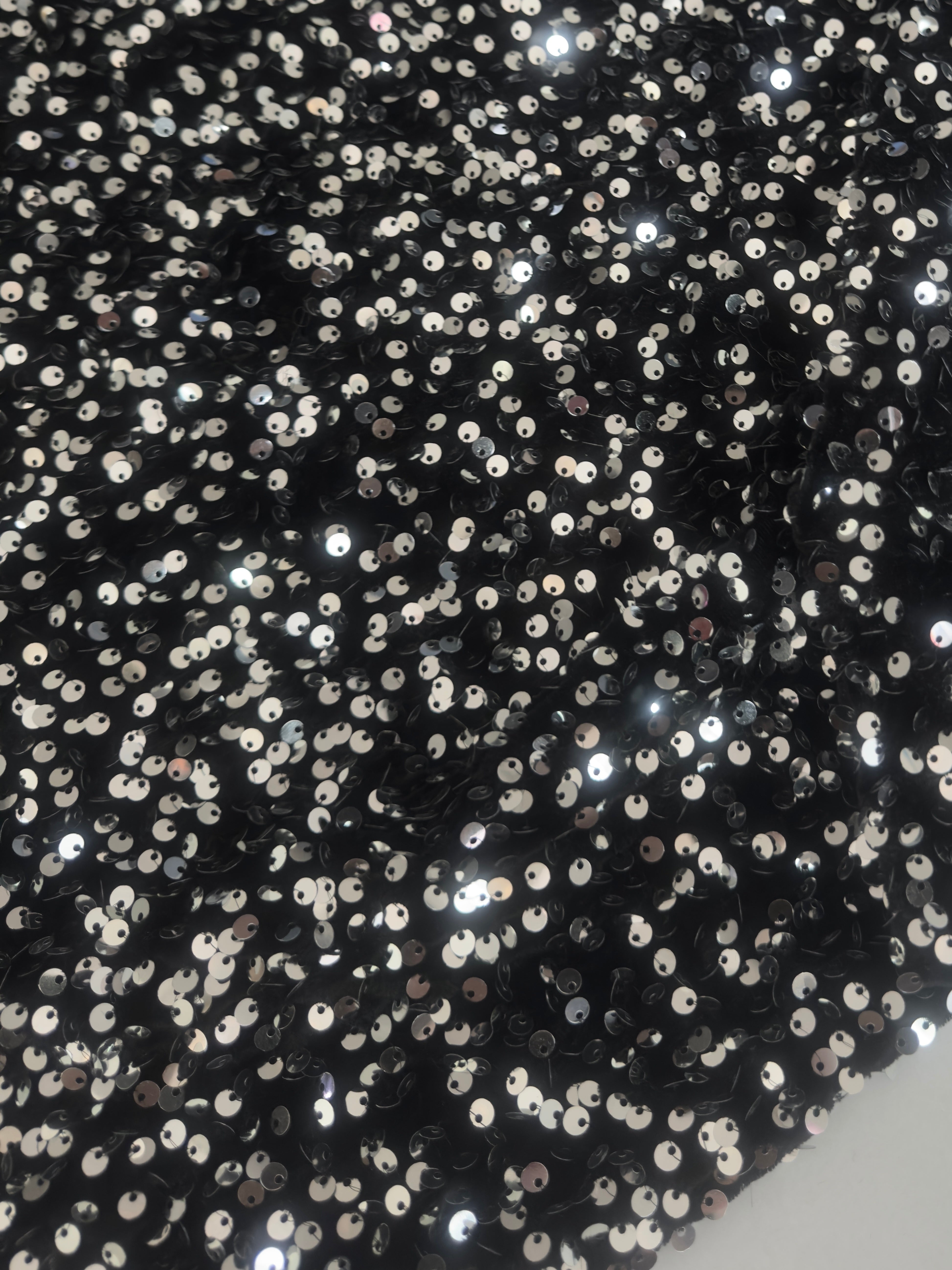Silver - Black Sequins Velvet, Fabric Store, Sewing Store, Cheap Fabric Store, Kiki Textiles, Textile by the Yard