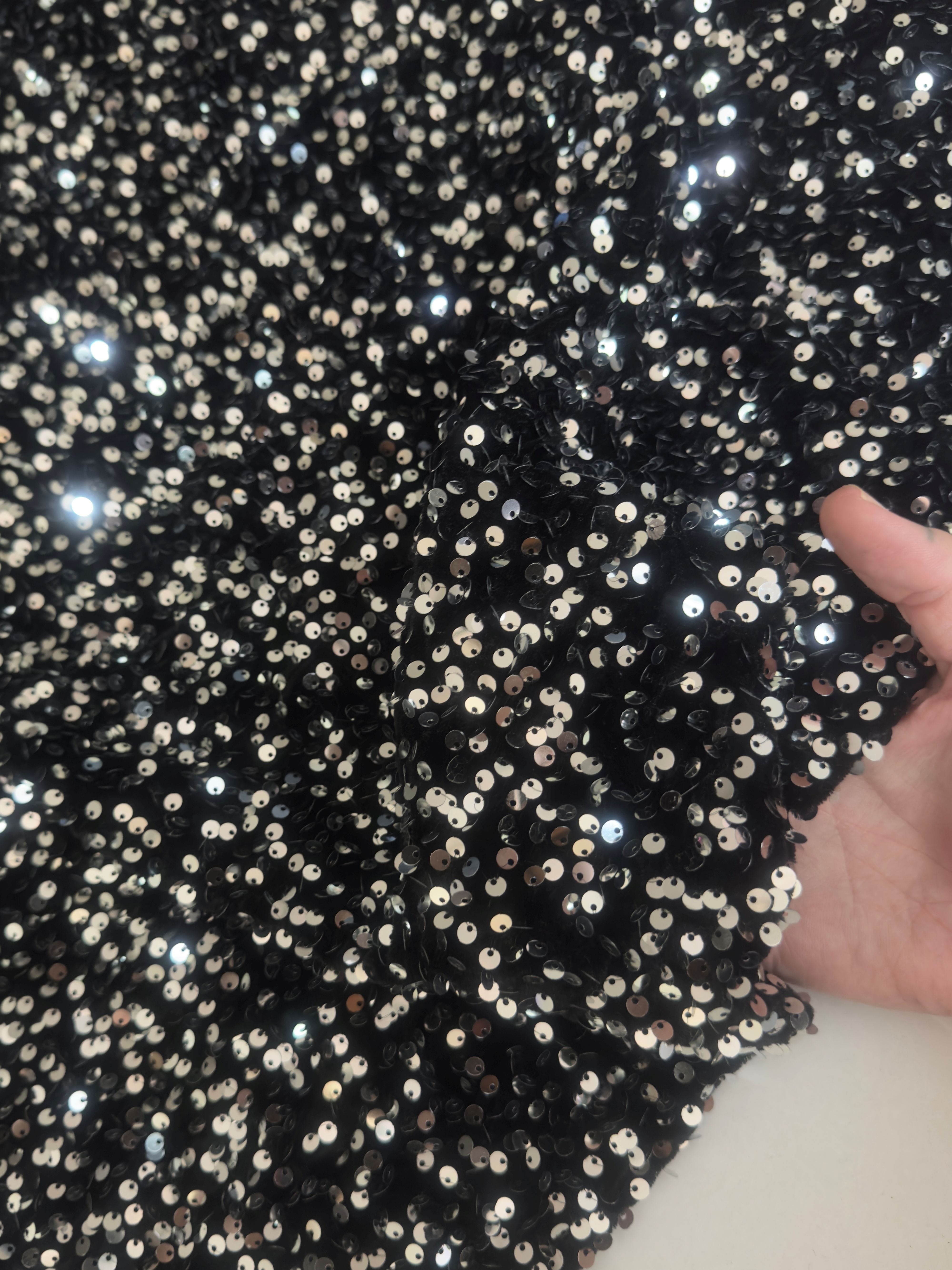 Silver - Black Sequins Velvet, Fabric Store, Sewing Store, Cheap Fabric Store, Kiki Textiles, Textile by the Yard