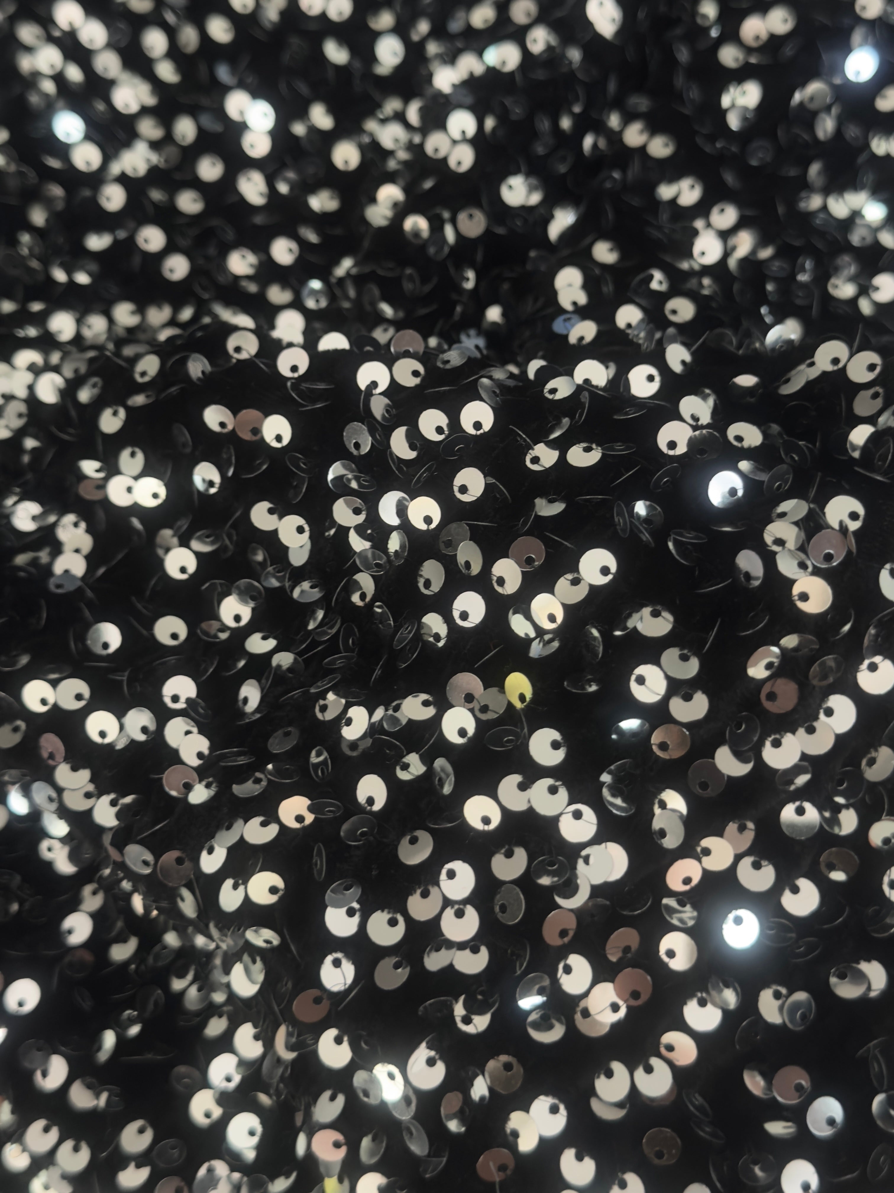 Silver - Black Sequins Velvet, Stretch Sequin Mesh, Stretch Sequin velvet for woman, Stretch Sequin velvet for bride, Stretch Sequin velvet on discount, Stretch Sequin velvet online