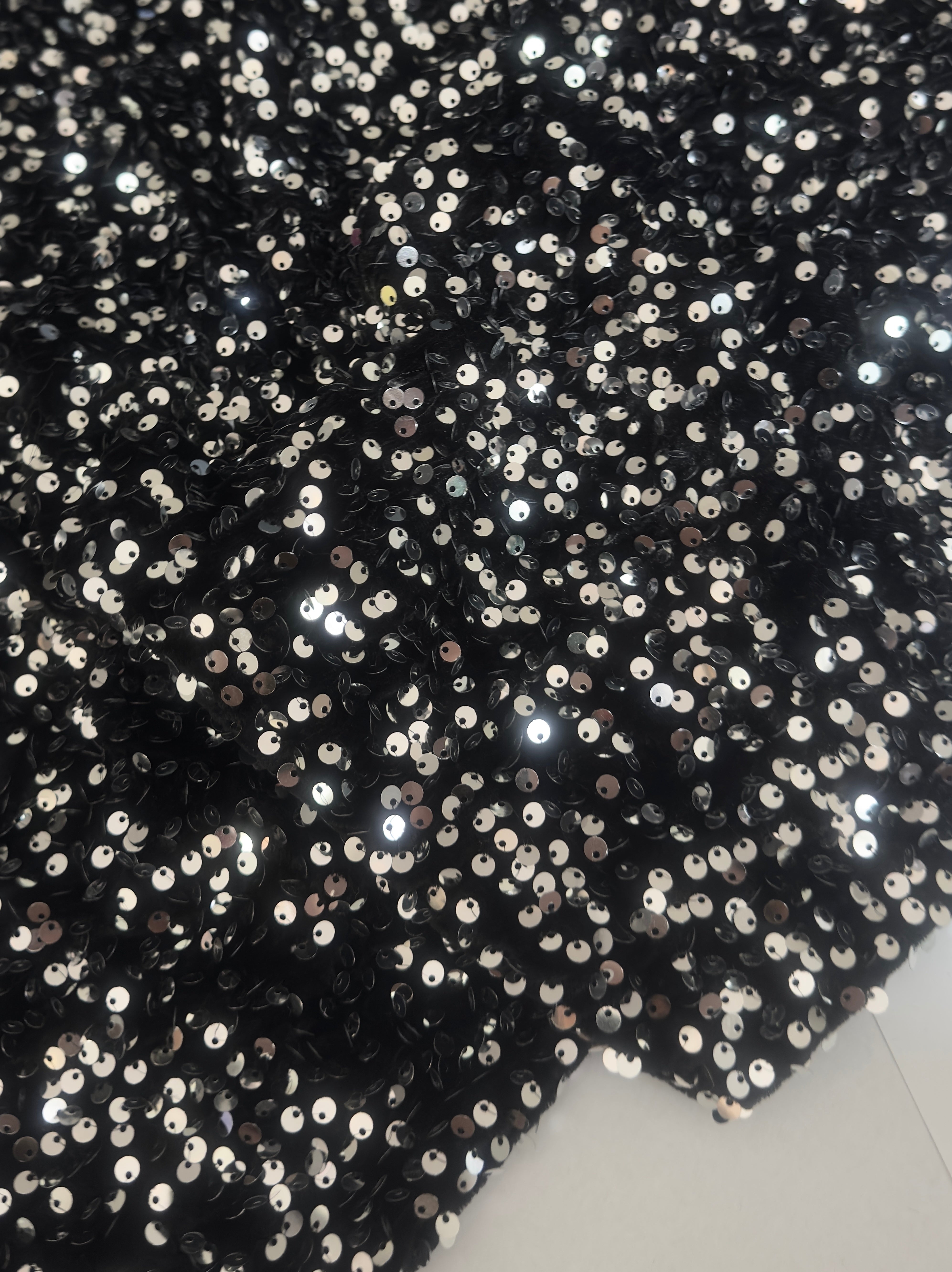 Silver - Black Sequins Velvet, Stretch Sequin Mesh, Stretch Sequin velvet for woman, Stretch Sequin velvet for bride, Stretch Sequin velvet on discount, Stretch Sequin velvet online