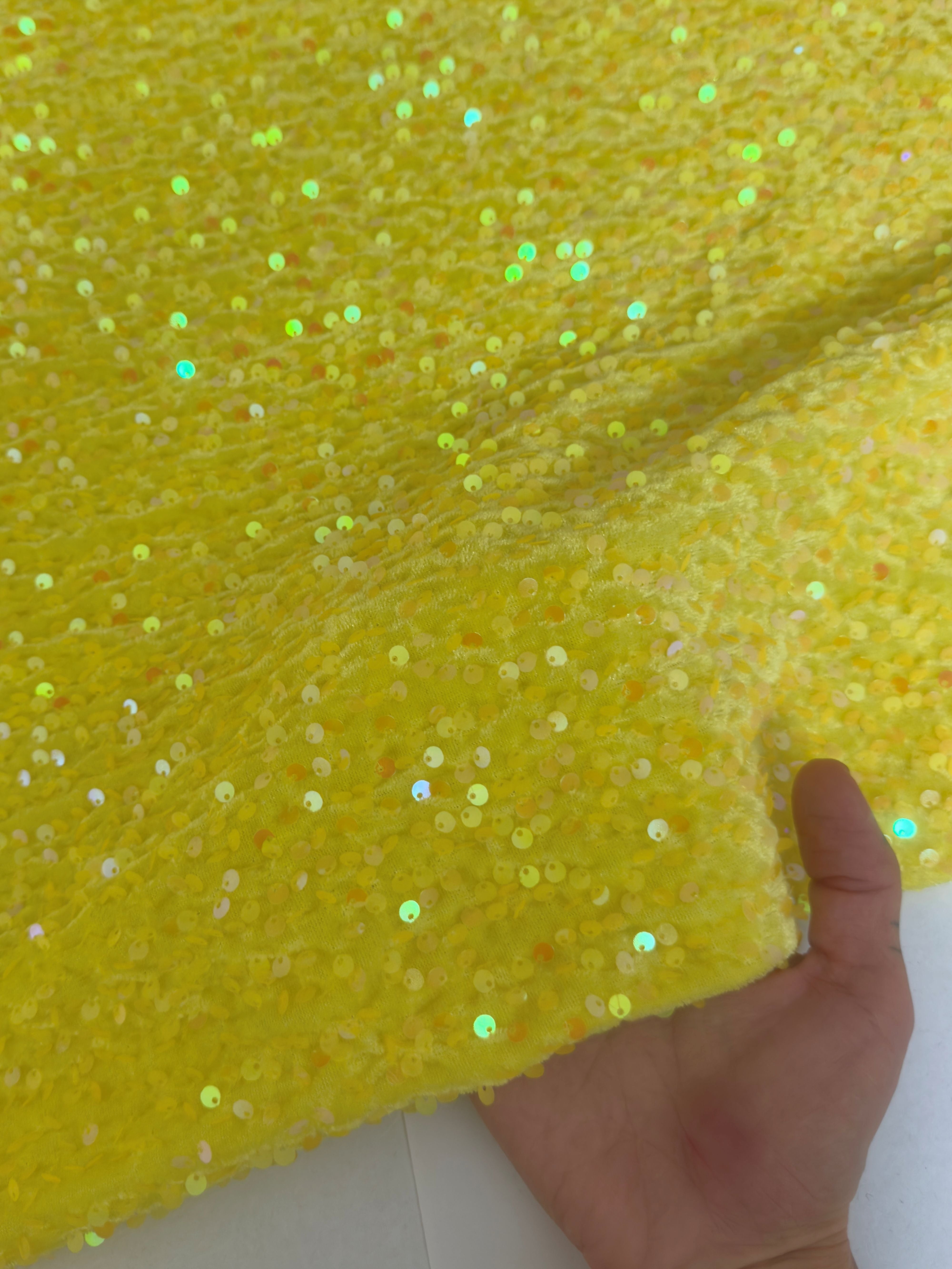 Banana Yellow Sequins Velvet, Fabric Store, Sewing Store, Cheap Fabric Store, Kiki Textiles, Textile by the Yard