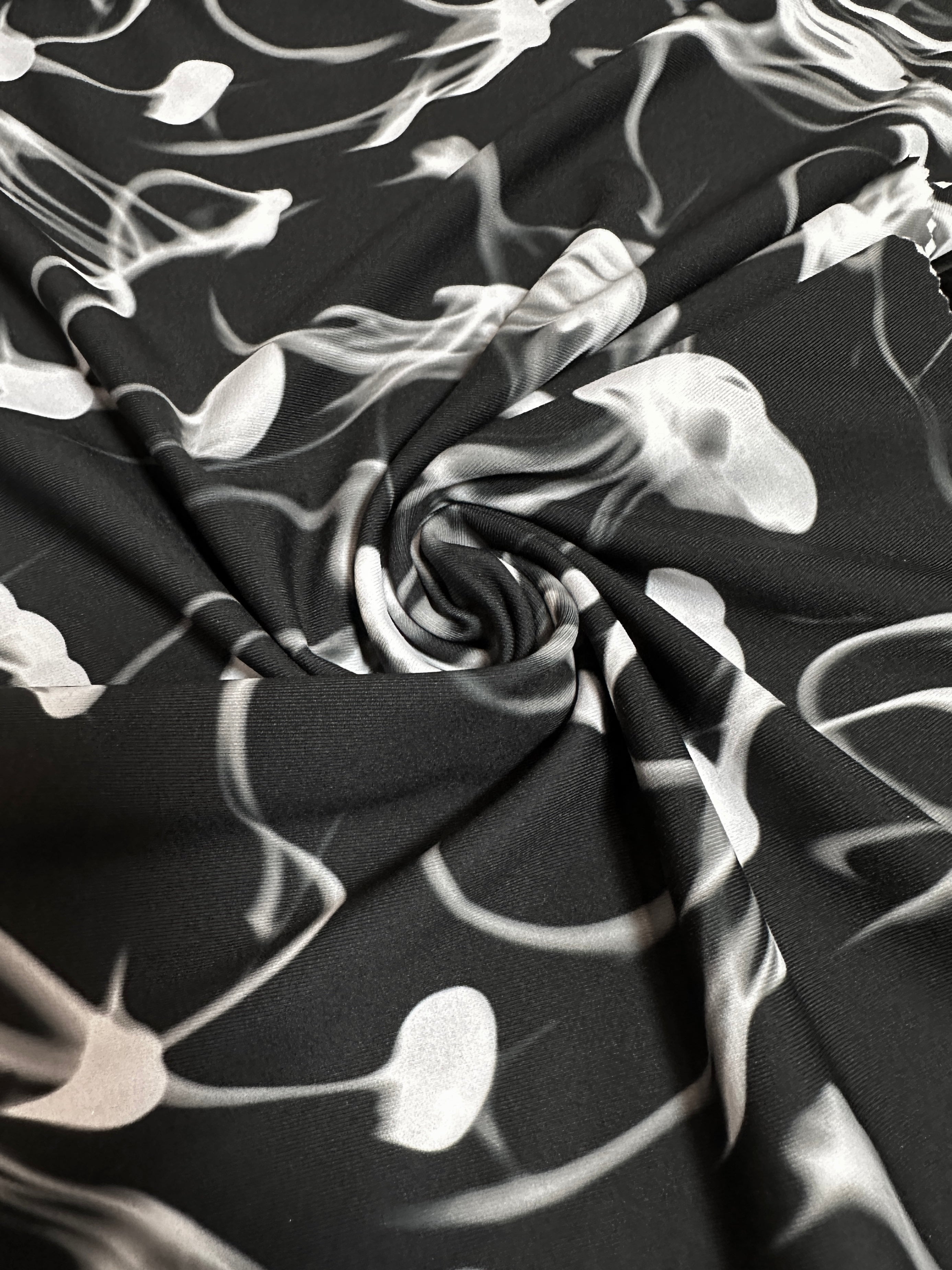 Black White Jelly Fish Nylon Spandex, printed spandex fabric, spandex for legging, fabric for dancewear, kikitextiles, printed fabric, spandex store usa, spandex for woman, spandex on sale, spandex on discount, premium spandex