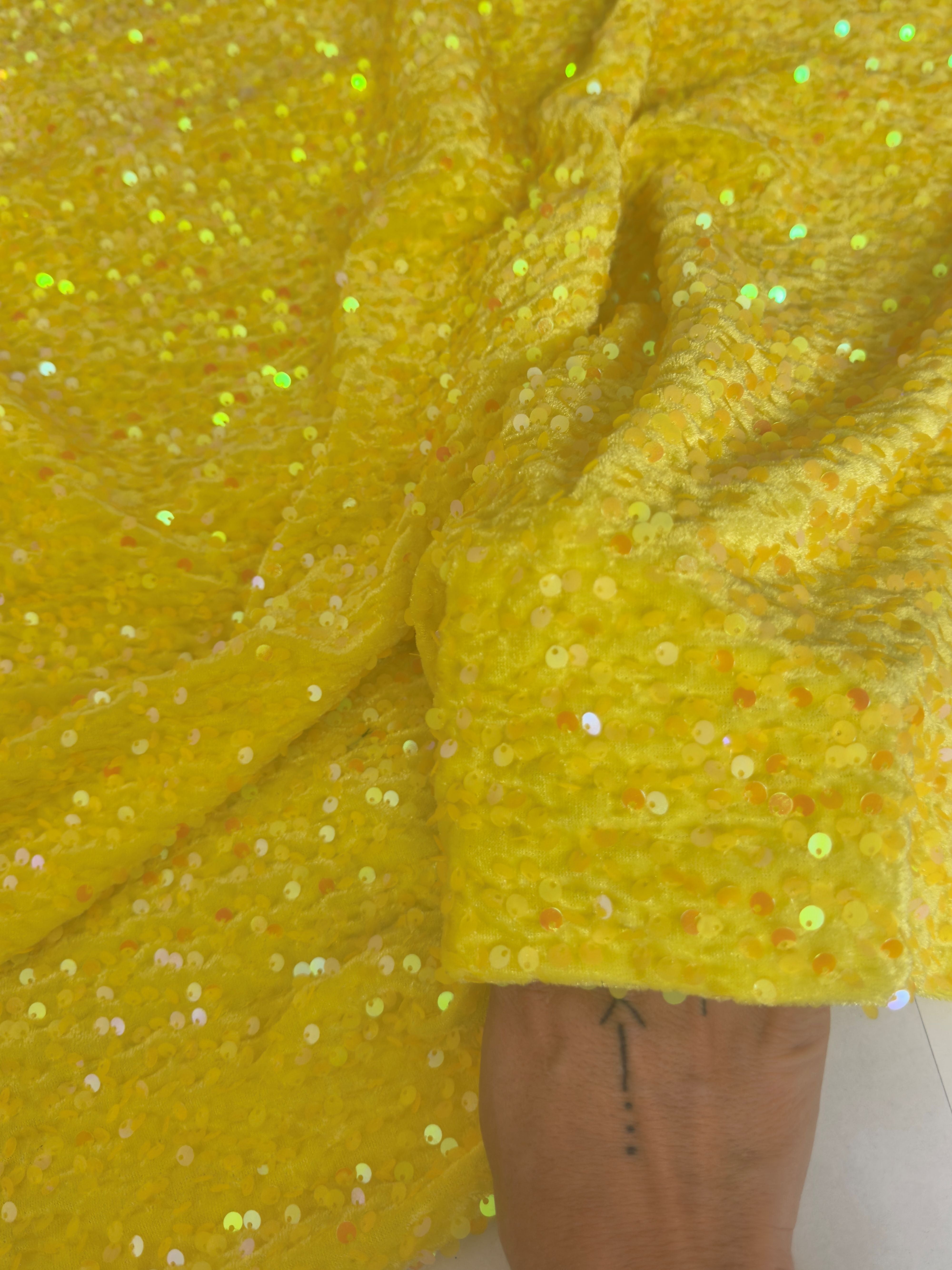 Banana Yellow Sequins Velvet, Fabric Store, Sewing Store, Cheap Fabric Store, Kiki Textiles, Textile by the Yard