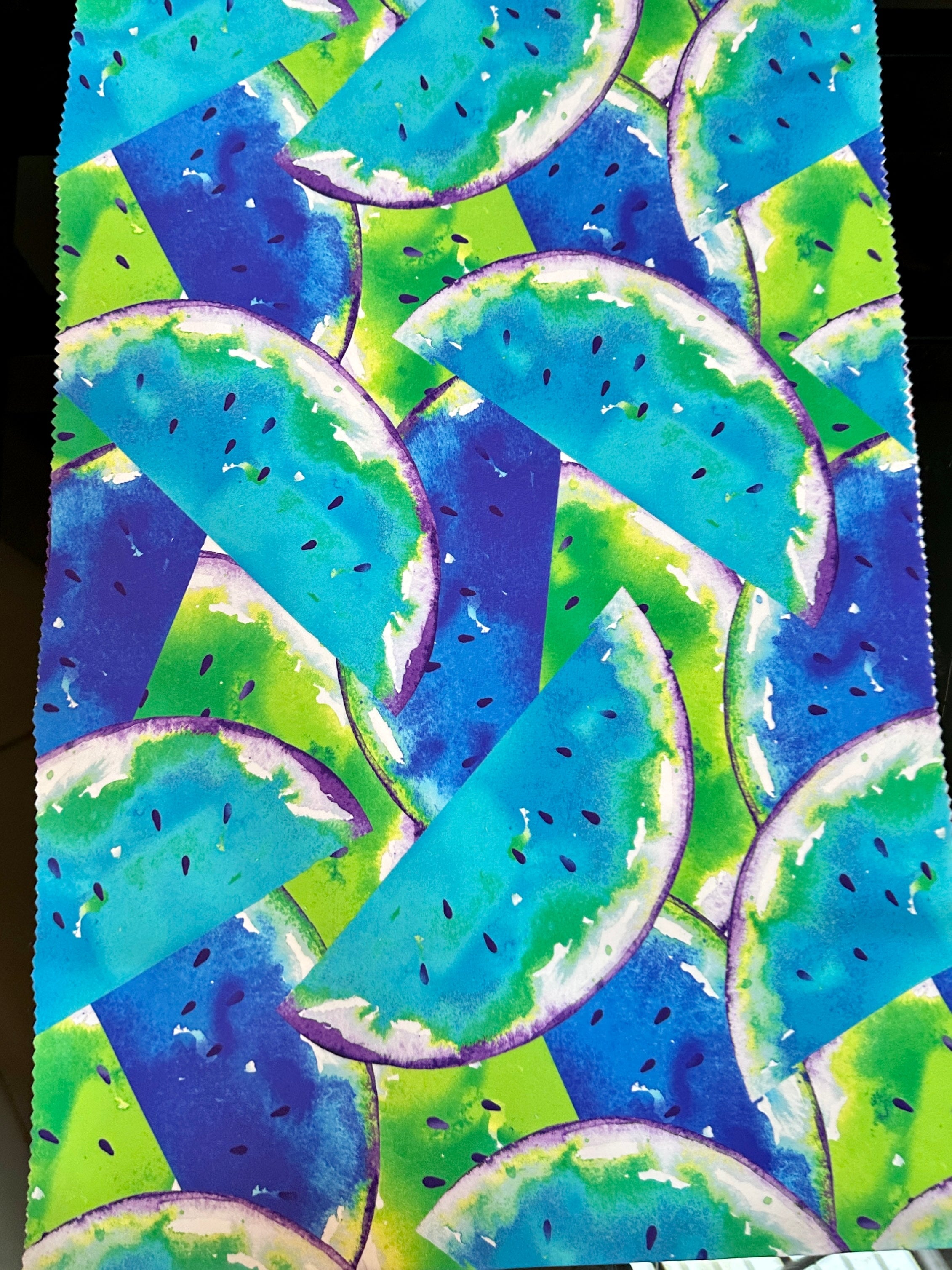 Blue Watermelon Print Nylon Spandex, colorfull spandex fabric, spandex for legging, fabric for dancewear, kikitextiles, printed Nylon Spandex, spandex store usa, spandex for woman, spandex on sale, spandex on discount, premium spandex
