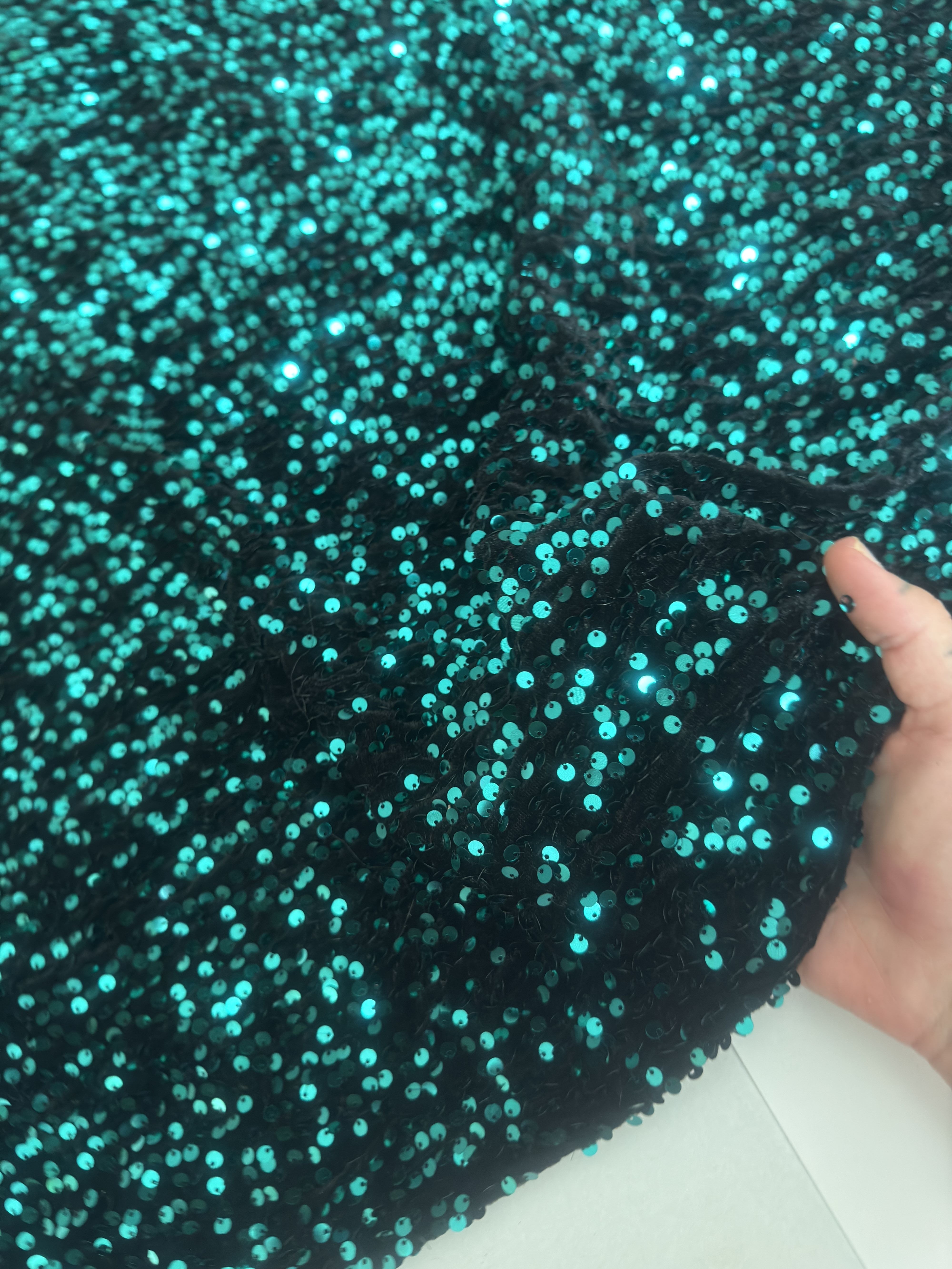 Jade Green Sequins Velvet, Fabric Store, Sewing Store, Cheap Fabric Store, Kiki Textiles, Textile by the Yard