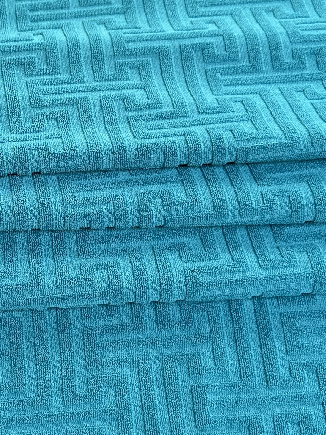 Turquoise Textured Geometric Pattern Jersey Knit, dark blue Geometric Jersey Knit, blue Geometric Jersey Knit, Geometric Jersey Knit for woman, Geometric Jersey Knit for bride, Geometric Jersey Knit on sale, Geometric Jersey Knit on discount