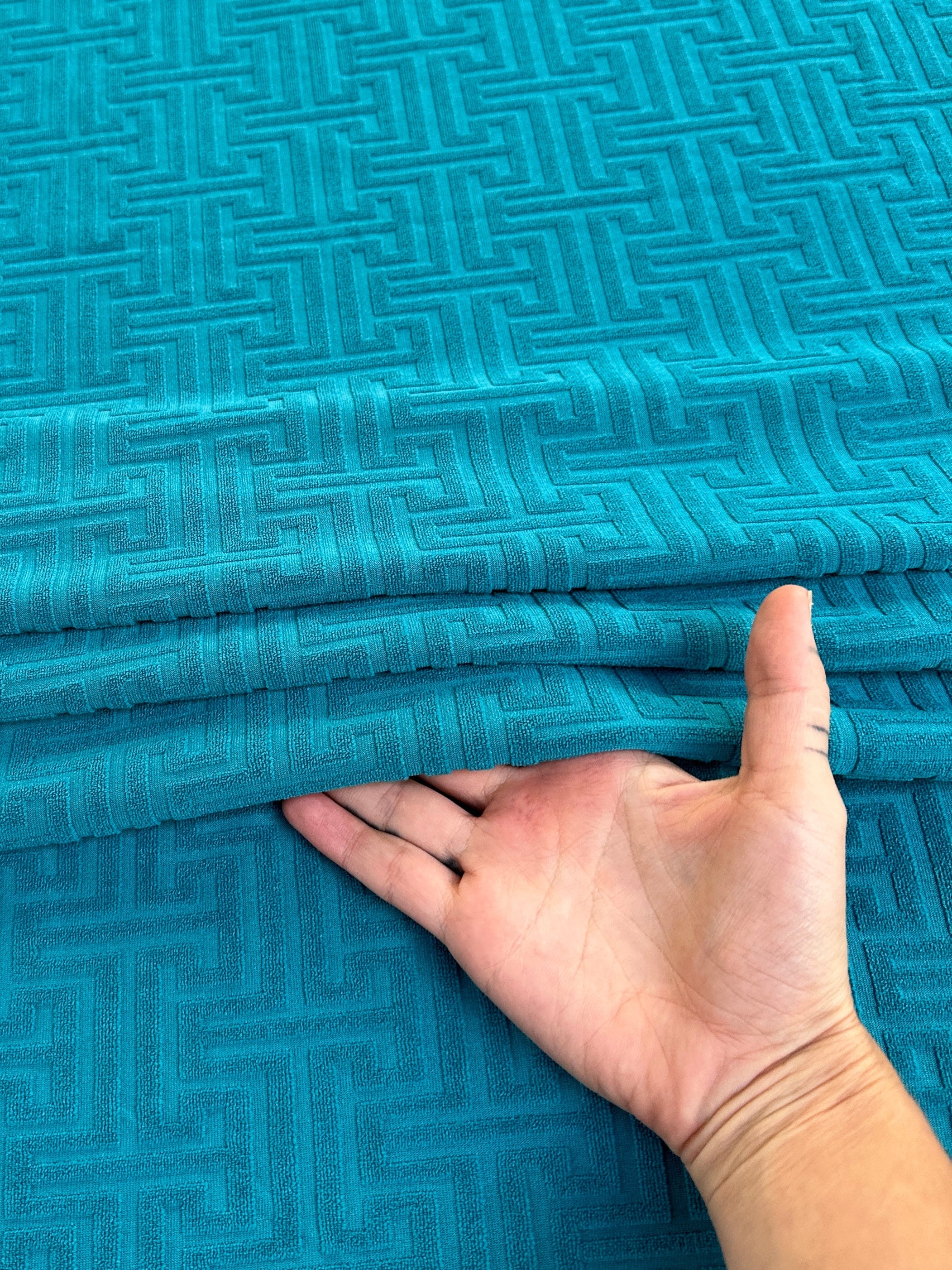 Turquoise Textured Geometric Pattern Jersey Knit, dark blue Geometric Jersey Knit, blue Geometric Jersey Knit, Geometric Jersey Knit for woman, Geometric Jersey Knit for bride, Geometric Jersey Knit on sale, Geometric Jersey Knit on discount