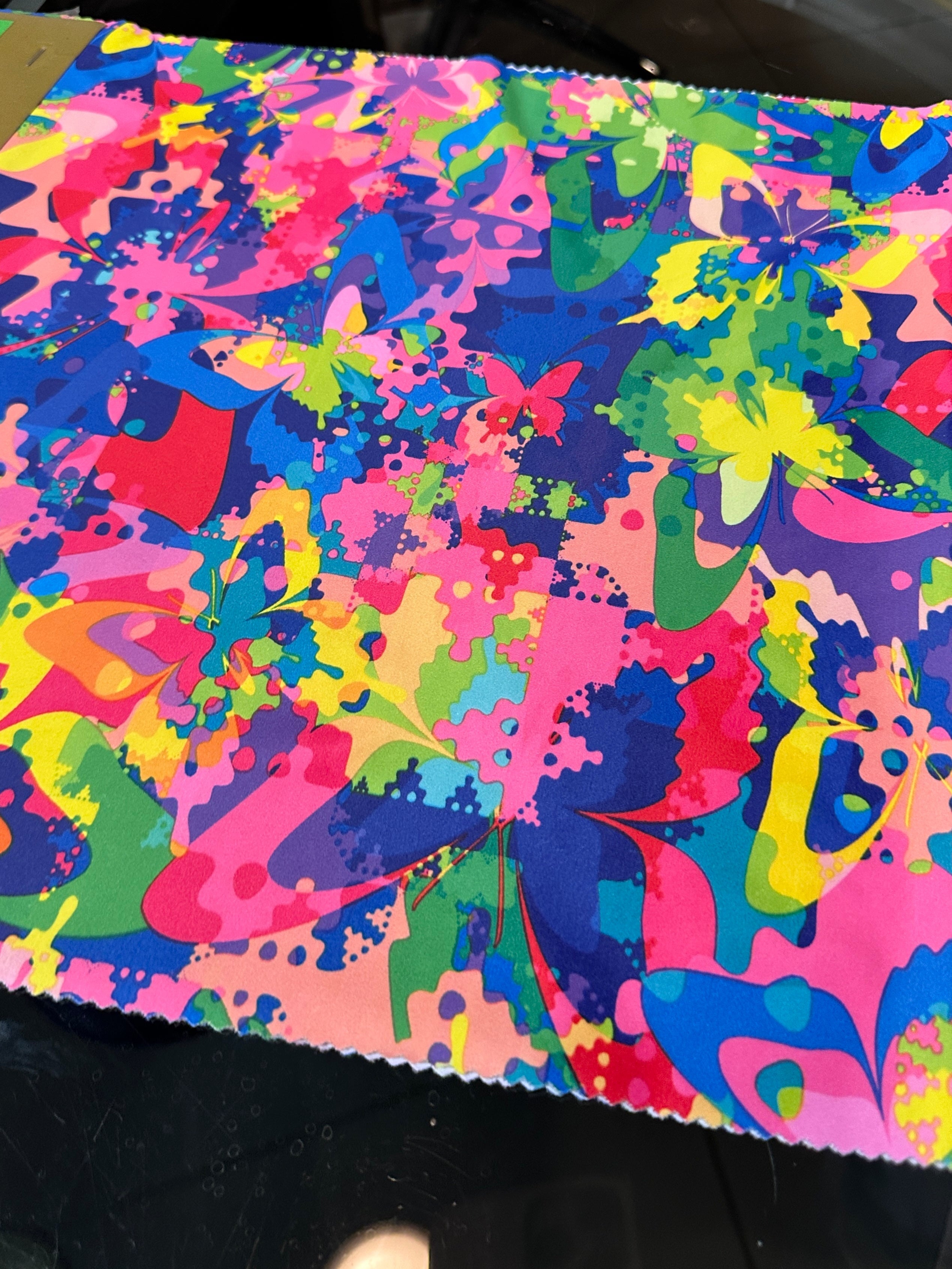 Butterfly Rainbow Nylon Spandex, printed spandex fabric, spandex for legging, fabric for dancewear, kikitextiles, printed fabric, spandex store usa, spandex for woman, spandex on sale, spandex on discount, premium spandex