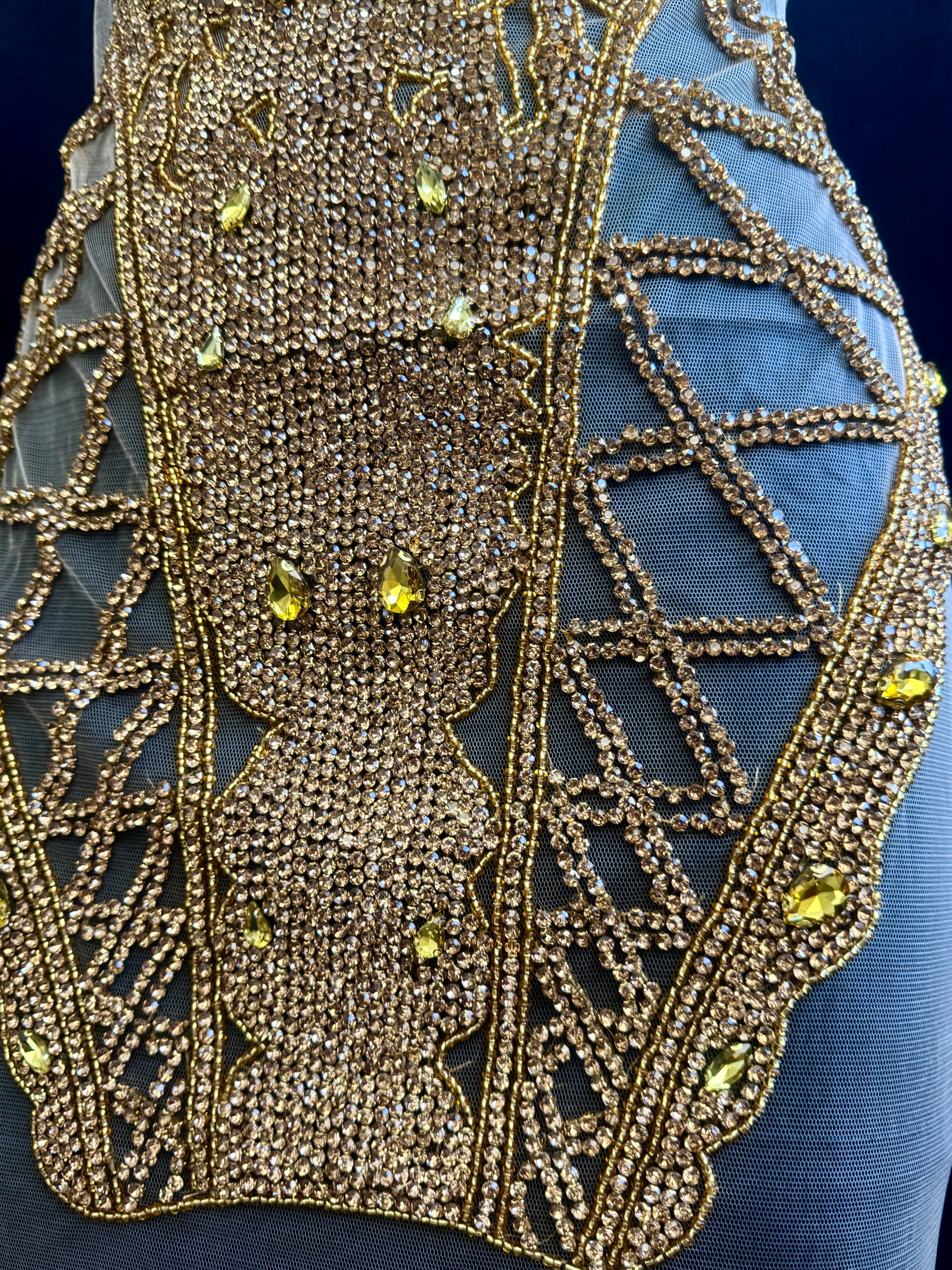 Shannon Gold Rhinestones Bodice Applique, gold rhinestone, light gold rhinestone, dark gold rhinestone, gold rhinestone bodice applique