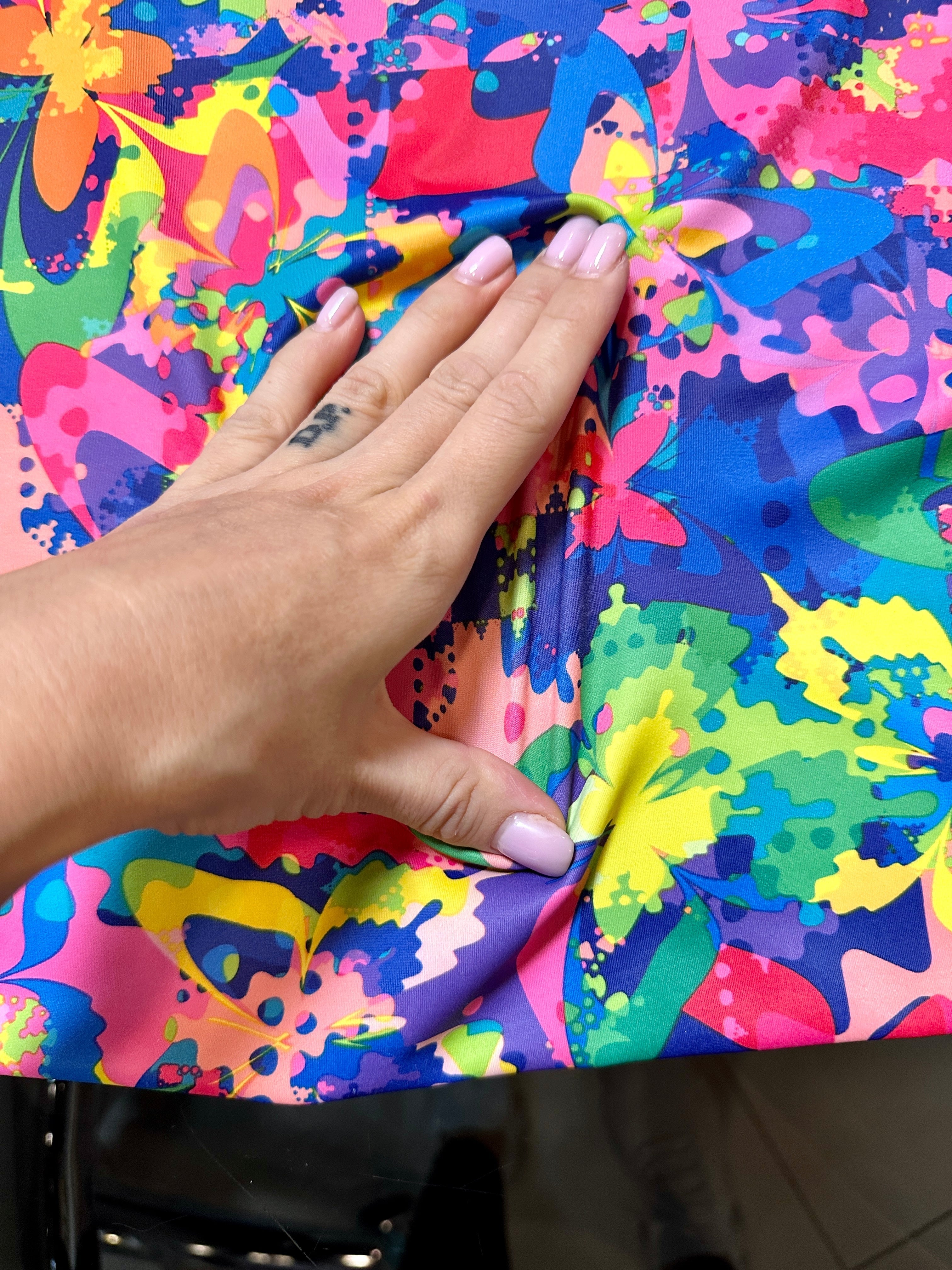 Butterfly Rainbow Nylon Spandex, printed spandex fabric, spandex for legging, fabric for dancewear, kikitextiles, printed fabric, spandex store usa, spandex for woman, spandex on sale, spandex on discount, premium spandex