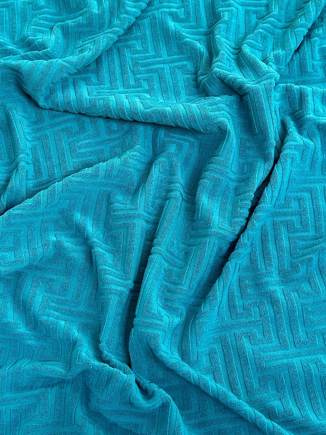Turquoise Textured Geometric Pattern Jersey Knit, dark blue Geometric Jersey Knit, blue Geometric Jersey Knit, Geometric Jersey Knit for woman, Geometric Jersey Knit for bride, Geometric Jersey Knit on sale, Geometric Jersey Knit on discount