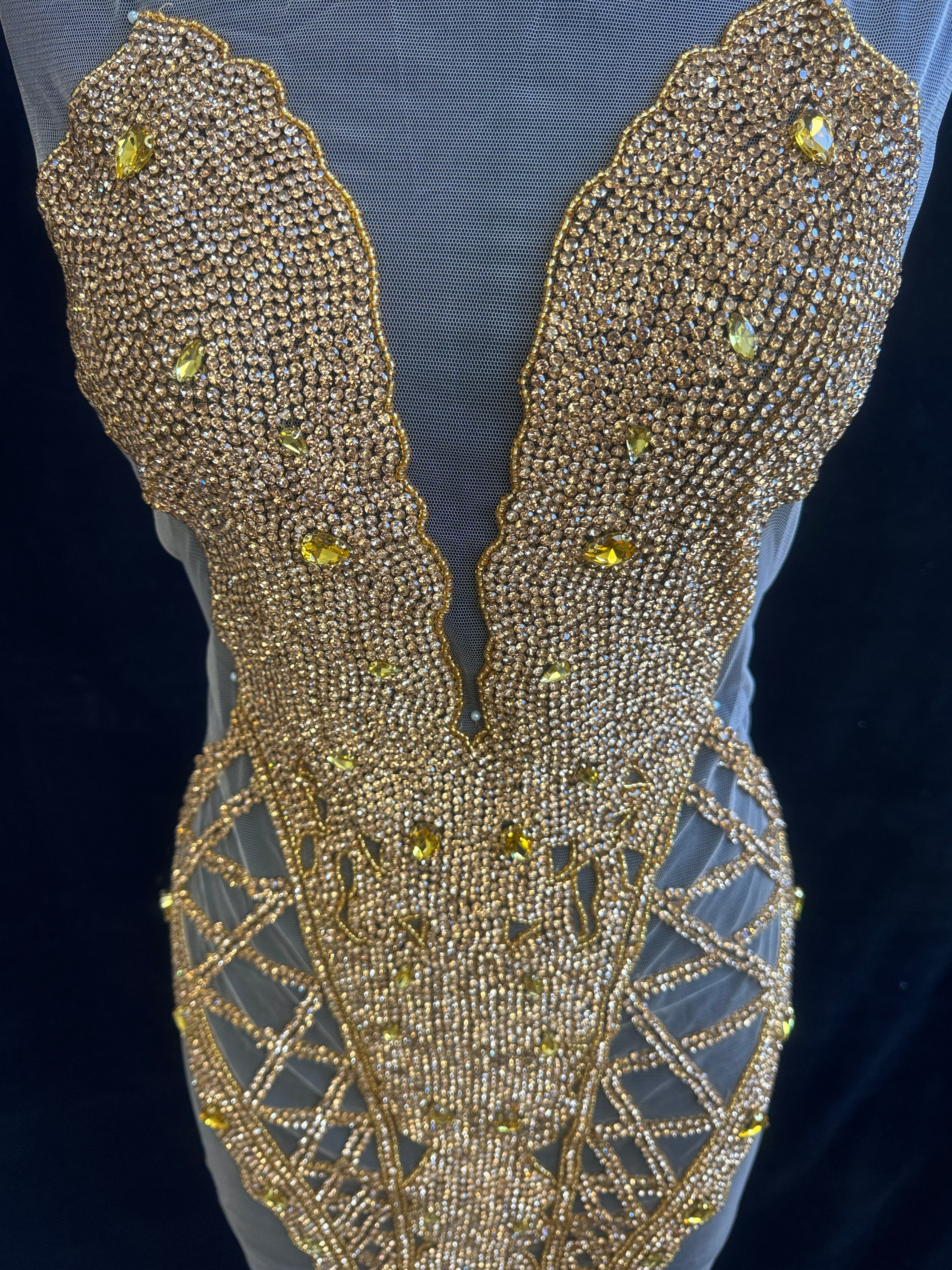 Shannon Gold Rhinestones Bodice Applique, gold rhinestone, light gold rhinestone, dark gold rhinestone, gold rhinestone bodice applique