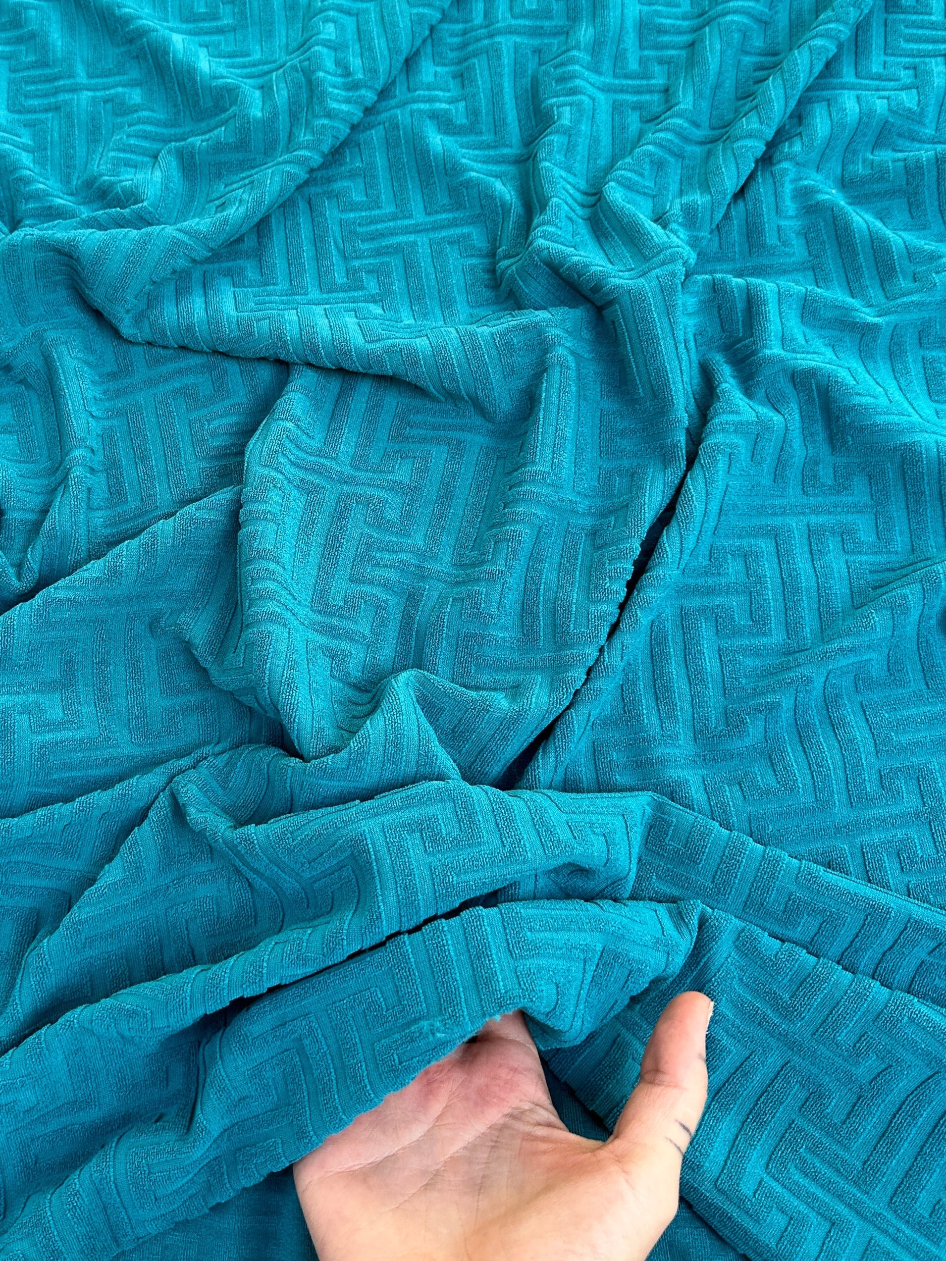 Turquoise Textured Geometric Pattern Jersey Knit, dark blue Geometric Jersey Knit, blue Geometric Jersey Knit, Geometric Jersey Knit for woman, Geometric Jersey Knit for bride, Geometric Jersey Knit on sale, Geometric Jersey Knit on discount