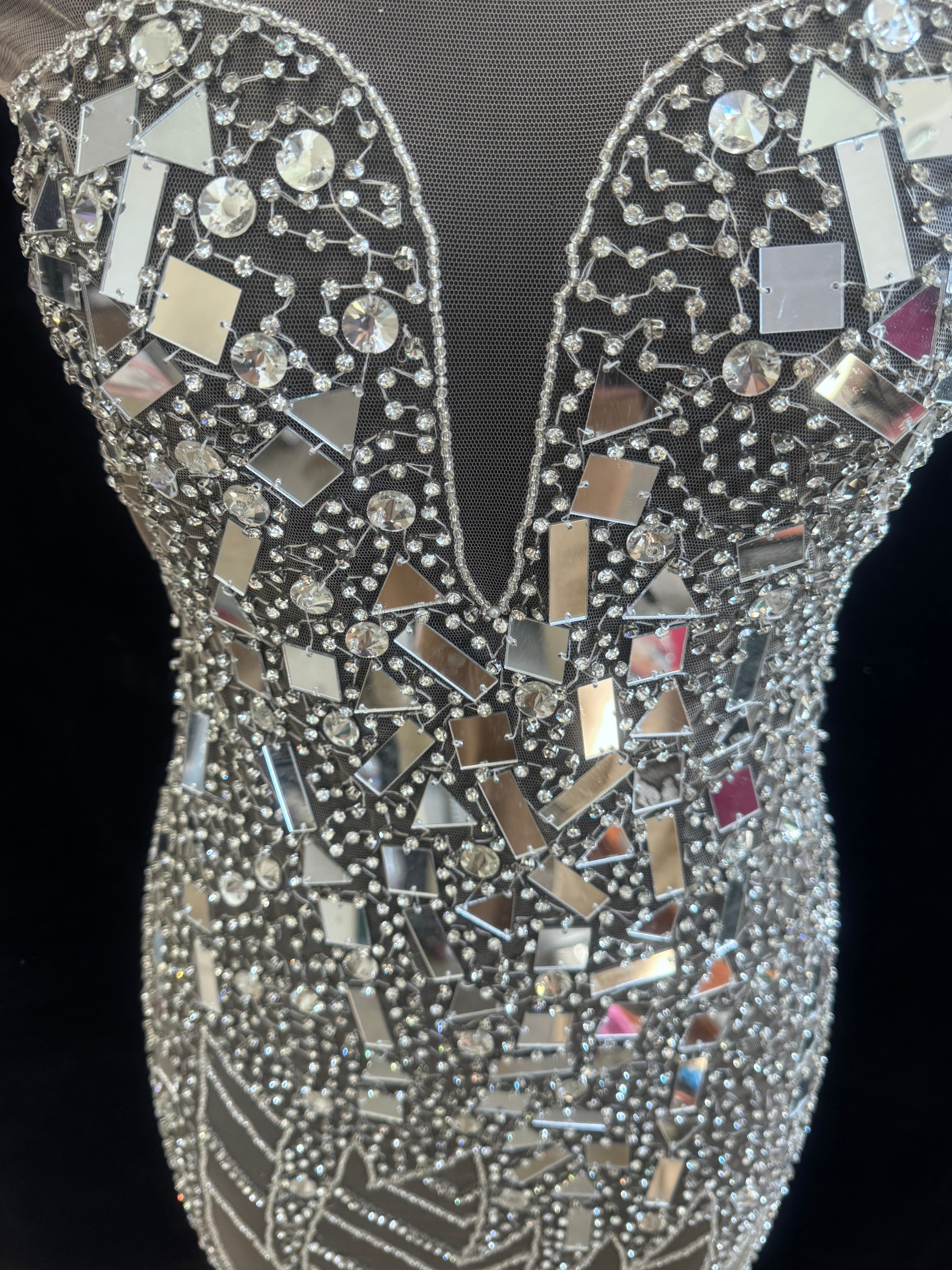 Anne Silver Mirror Rhinestone Bodice Applique, silver rhinestone, light silver rhinestone, dark silver rhinestone  