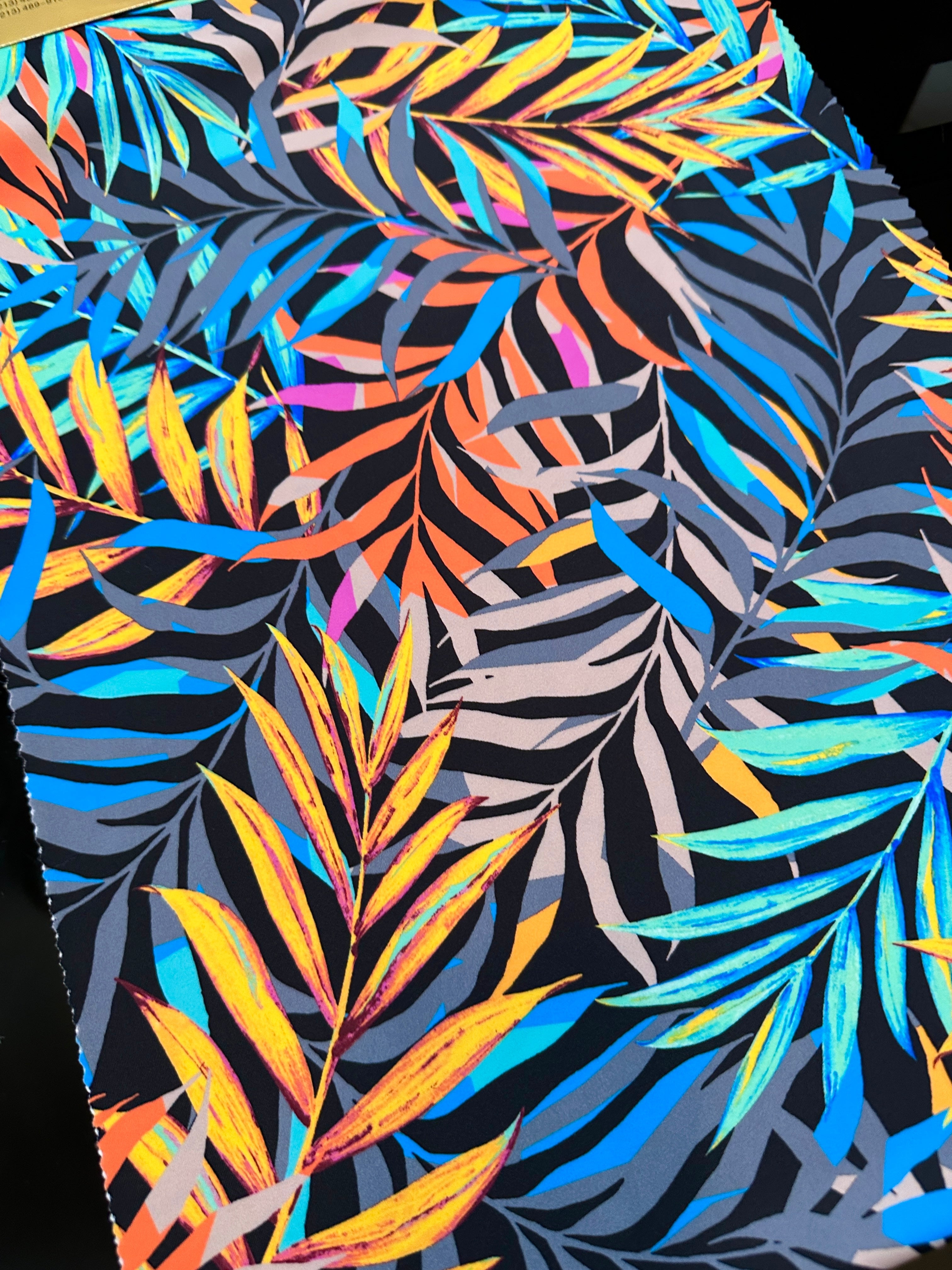 Multicolor Leaf Print Nylon Spandex, colorfull spandex fabric, spandex for legging, fabric for dancewear, kikitextiles, printed Nylon Spandex, spandex store usa, spandex for woman, spandex on sale, spandex on discount, premium spandex