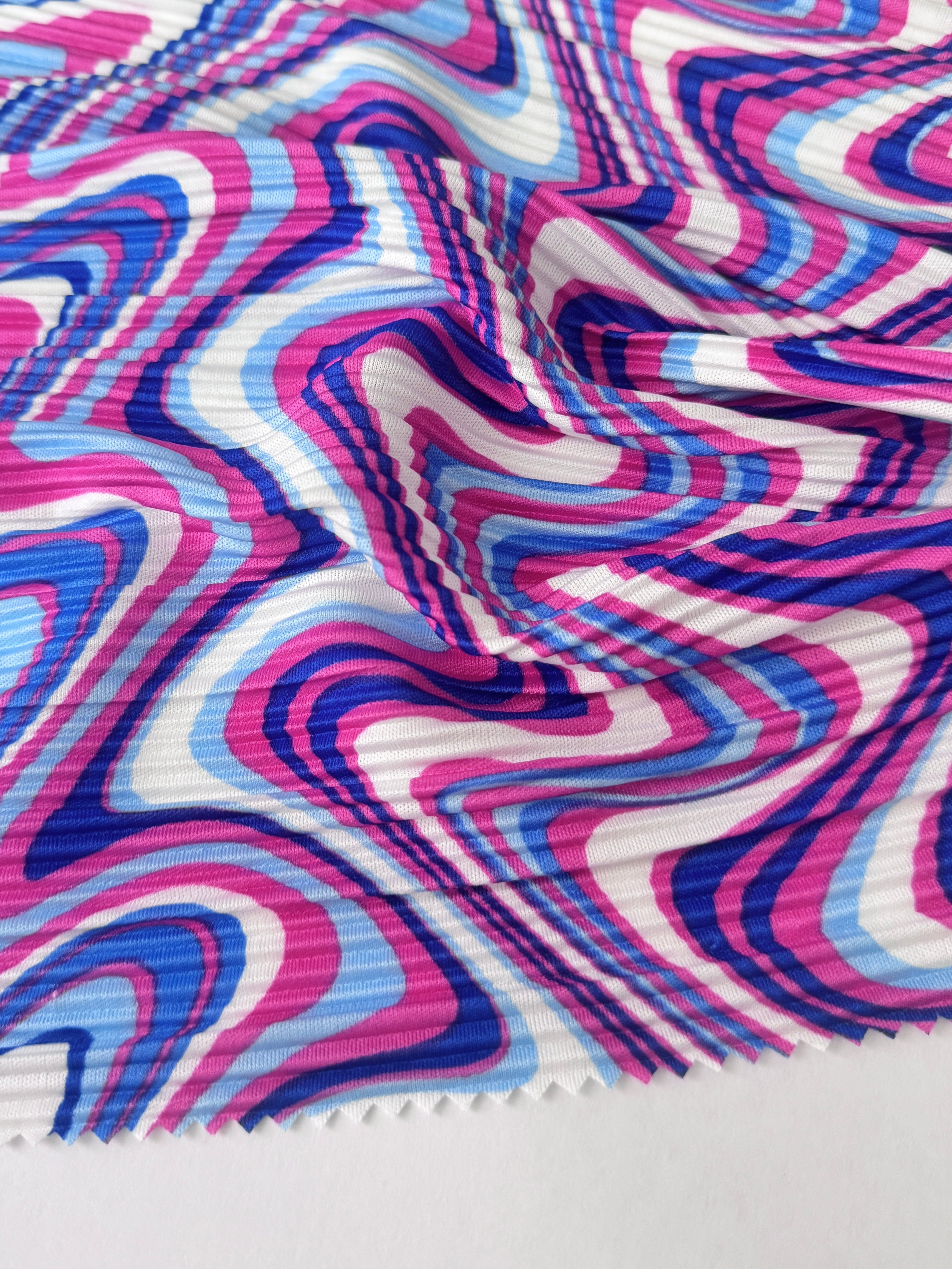 Blue Pink Print Pleated Knit, online textile store, sewing, fabric store, sewing store, cheap fabric store, kiki textiles