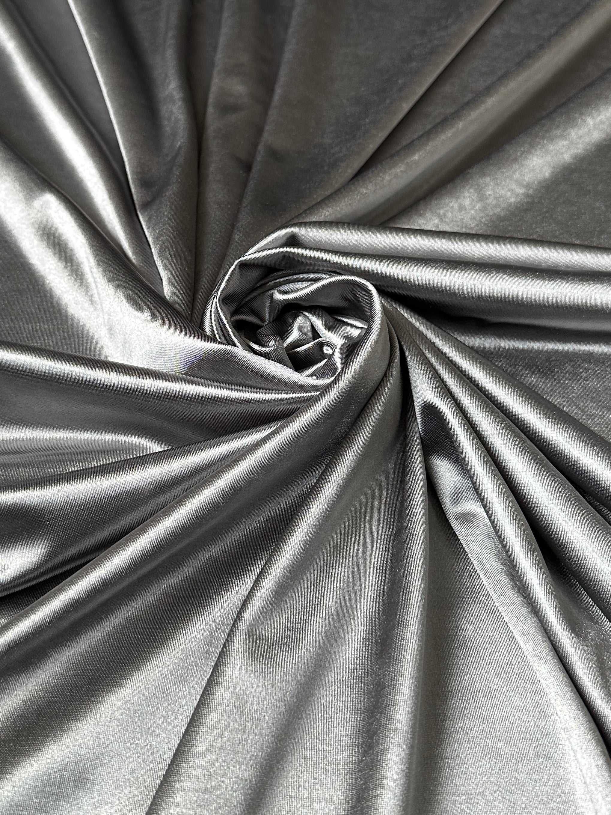 Silver Nylon Spandex, light silver nylon spandex, 4 Way Stretch nylon spandex, dark silver nylon spandex, shiny nylon spandex for woman, shiny nylon for bride, spandex for swim wear, premium spandex, spandex on sale, low price spandex