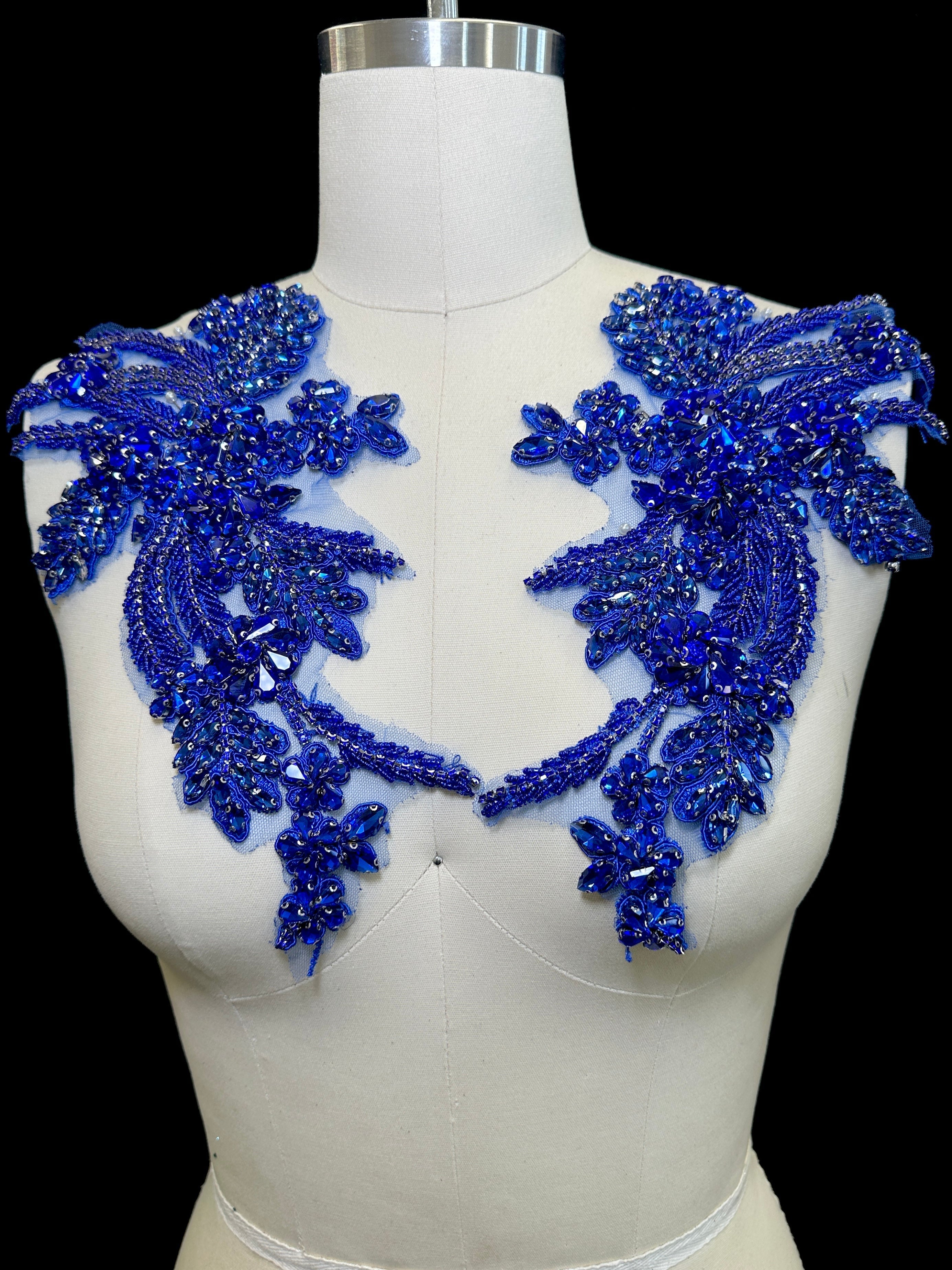 Gina Blue Pair Rhinestone Applique , blue applique, dark blue applique, blue bodice, blue embellishment for dress, 