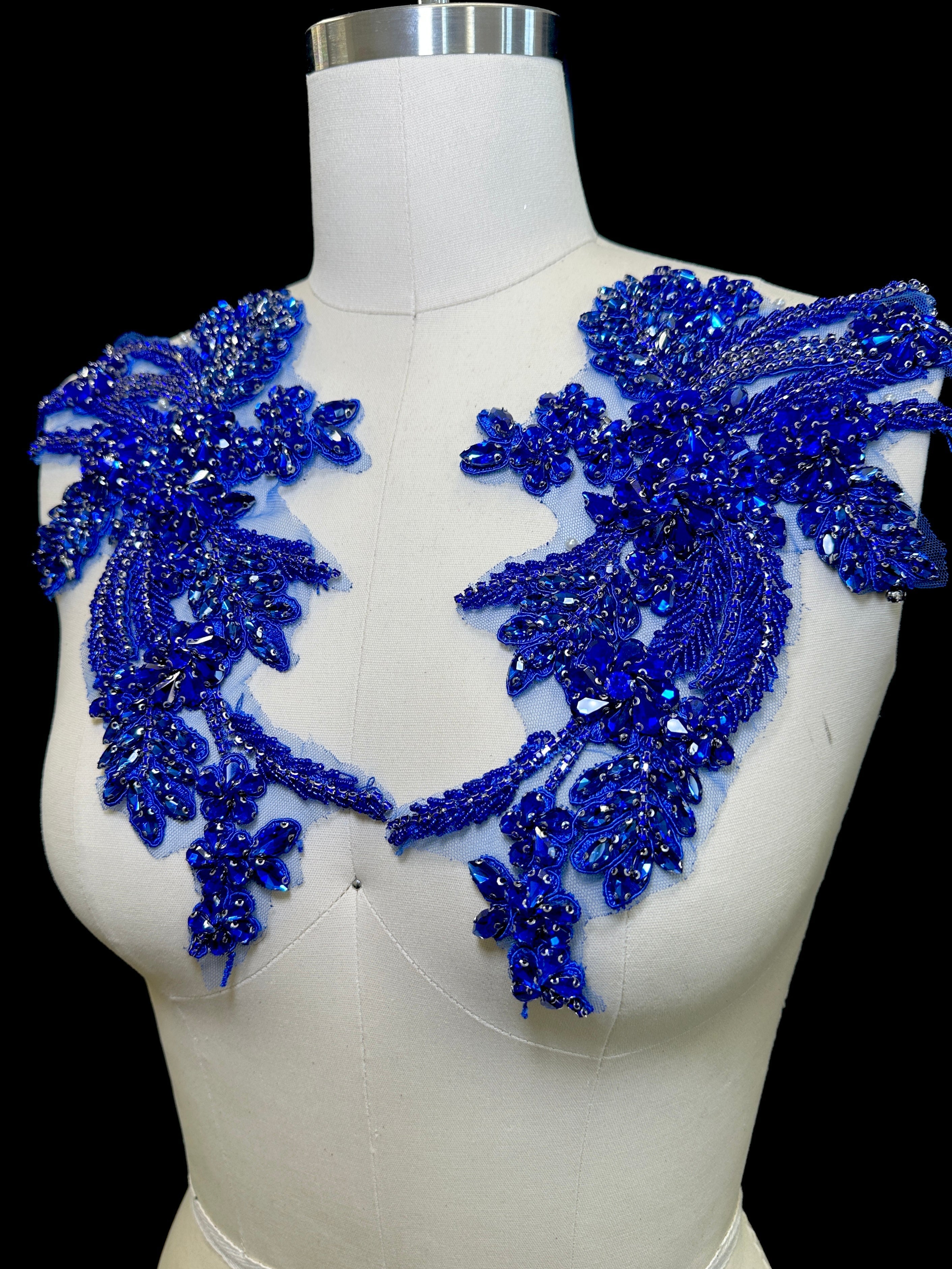 Gina Blue Pair Rhinestone Applique , blue applique, dark blue applique, blue bodice, blue embellishment for dress, 