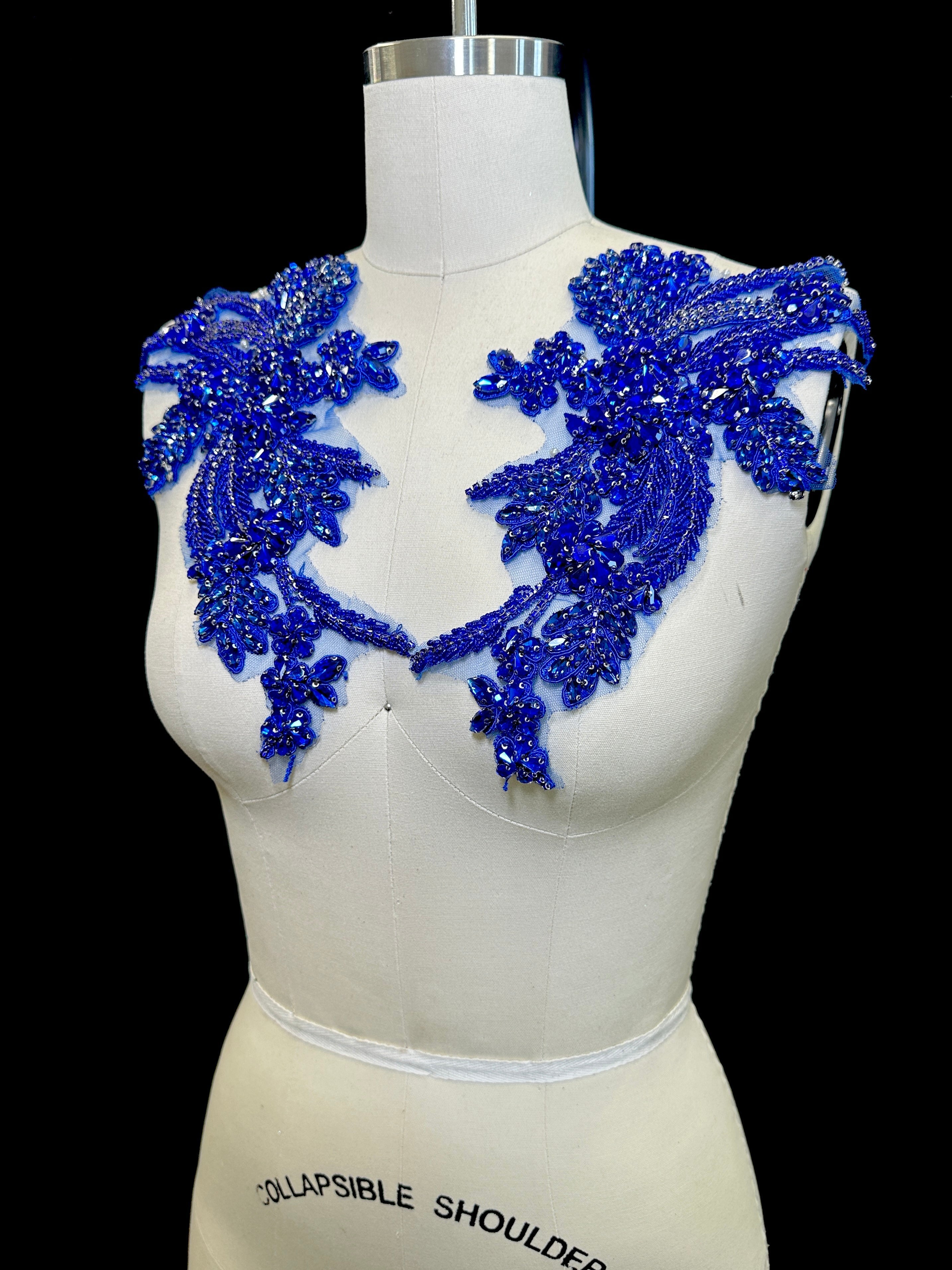 Gina Blue Pair Rhinestone Applique , blue applique, dark blue applique, blue bodice, blue embellishment for dress, 