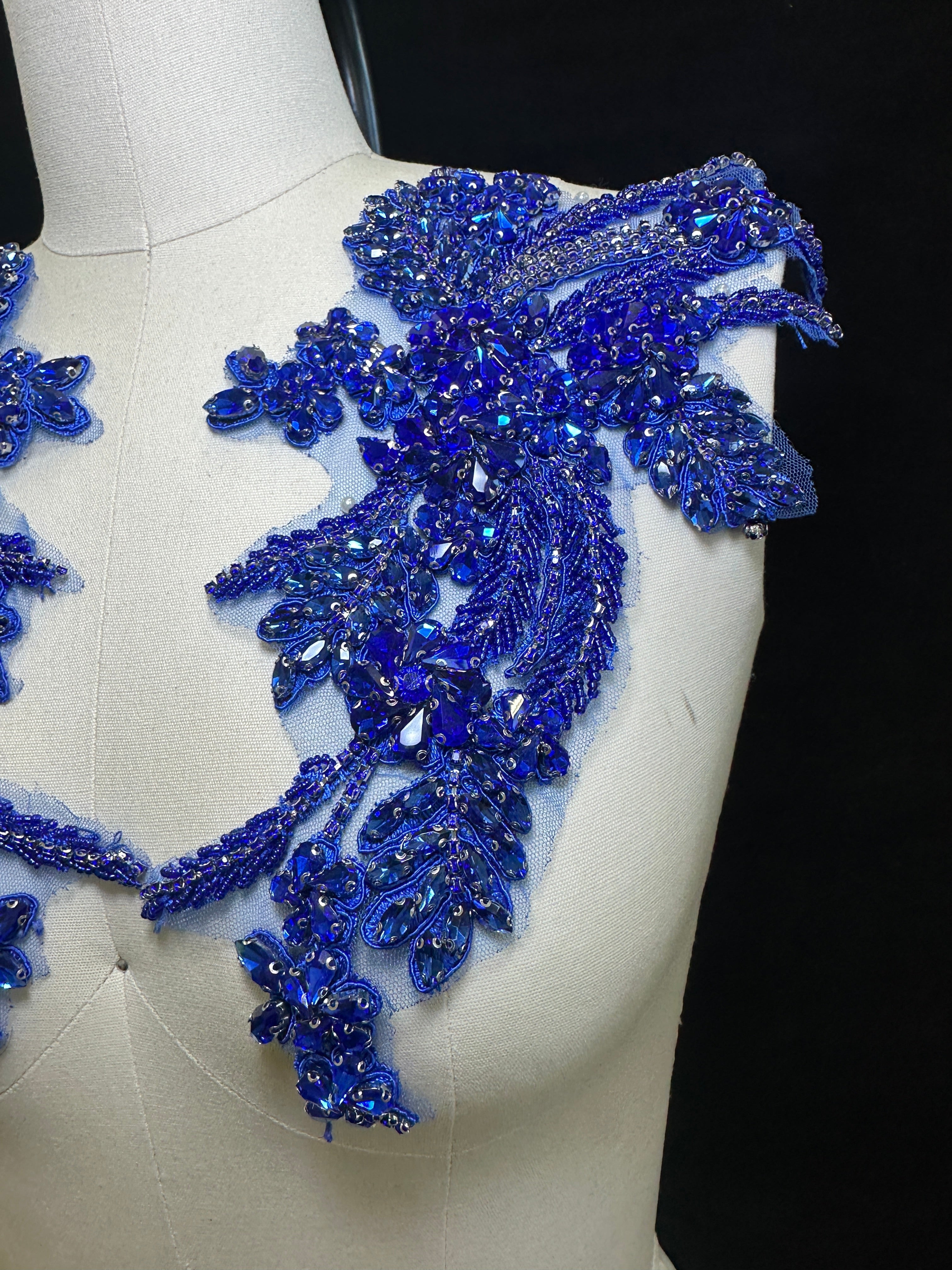Gina Blue Pair Rhinestone Applique , blue applique, dark blue applique, blue bodice, blue embellishment for dress, 