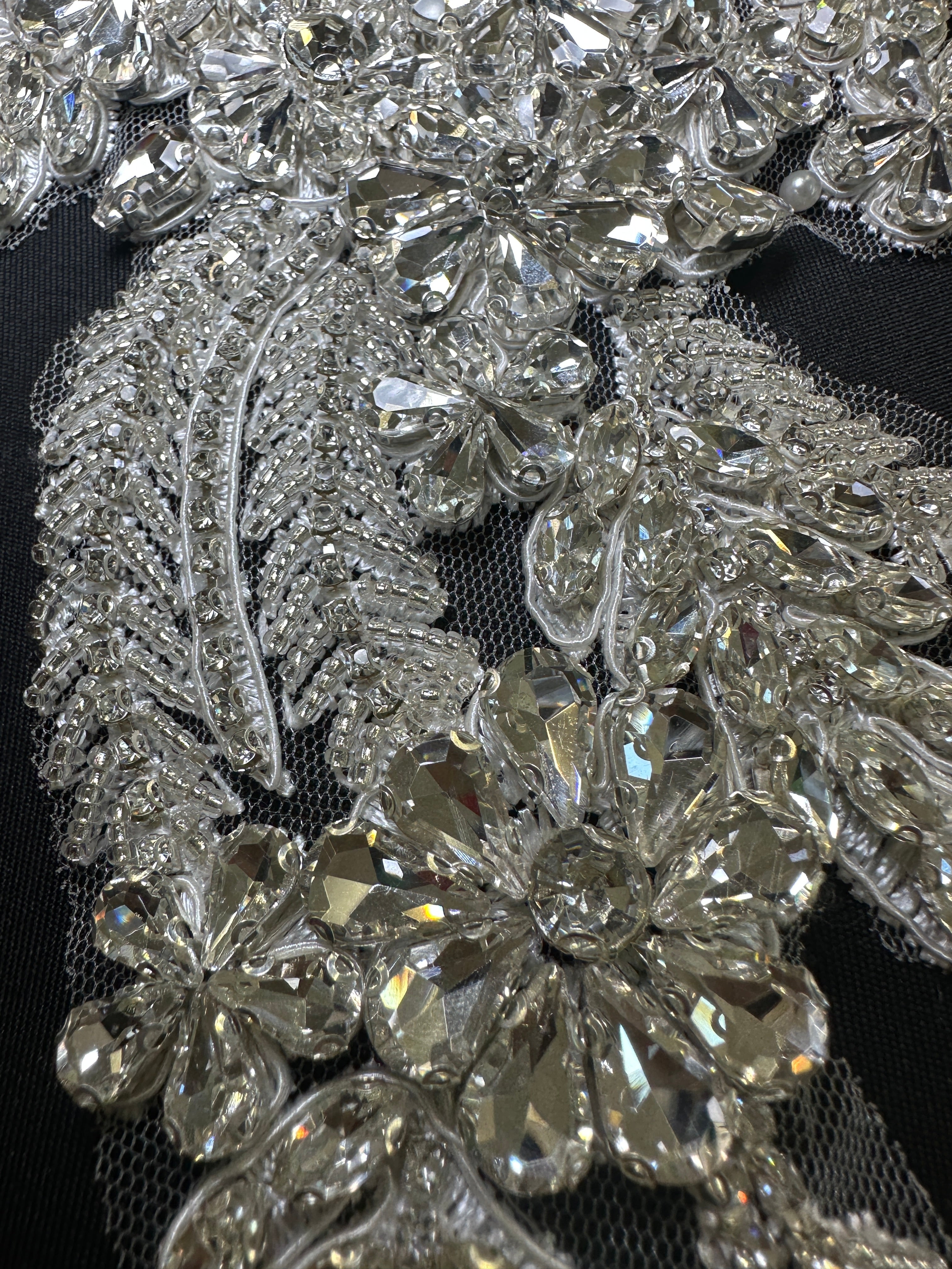 Gina Silver Rhinestone Applique , silver applique, dark silver applique, silver bodice, silver embellishment for dress, 