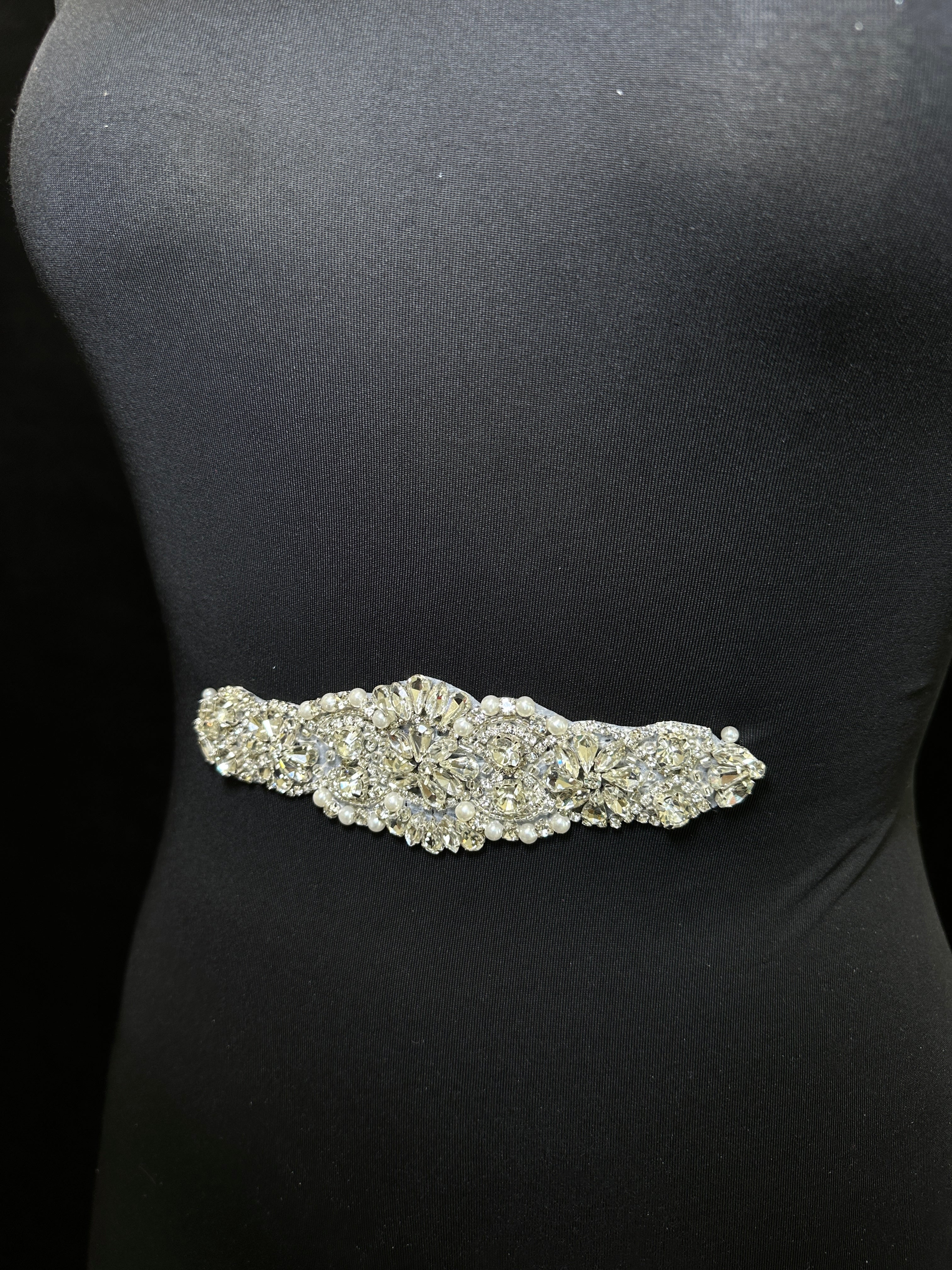 Denise Iron On Rhinestone Applique , silver applique, dark silver applique, silver bodice, silver embellishment for dress, 