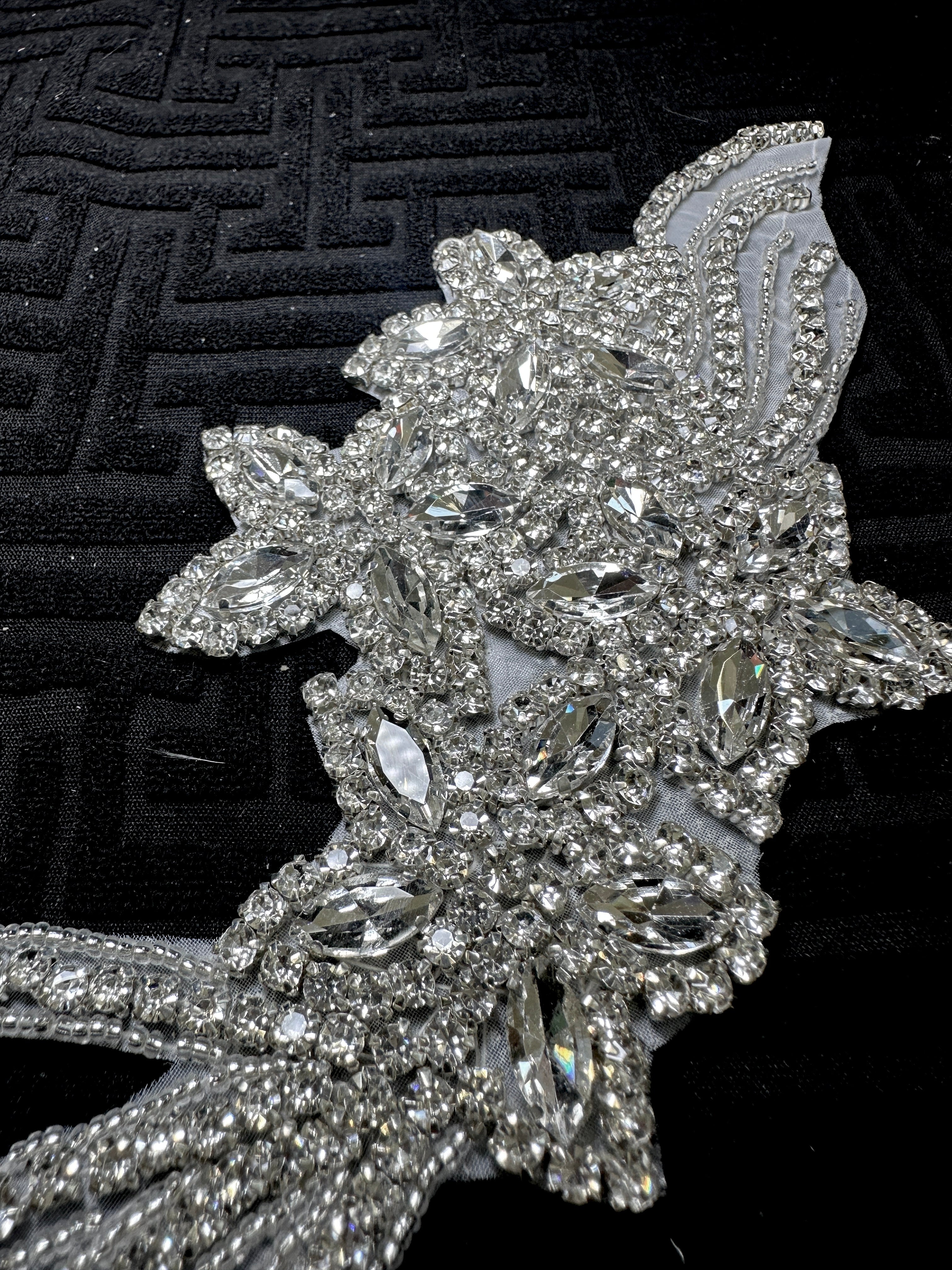 Britney Iron On Rhinestone Applique , silver applique, dark silver applique, silver bodice, silver embellishment for dress, 