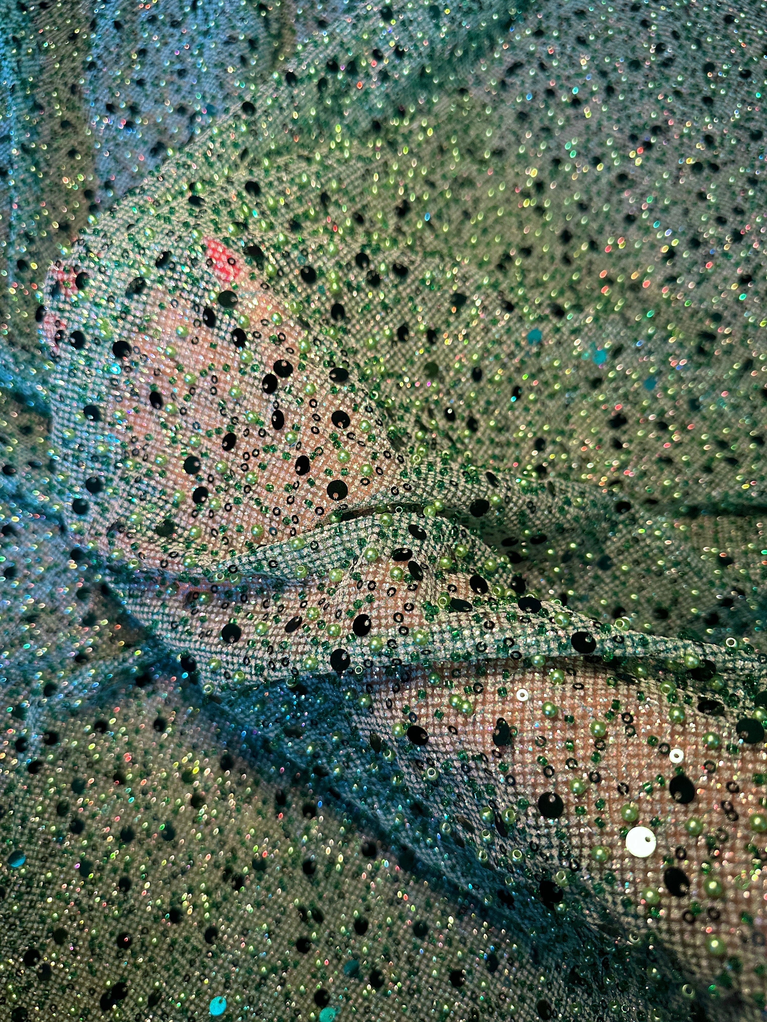 Emerald Green Sequin Beaded Pearl Mesh, Fabric Store, Sewing Store, Cheap Fabric Store, Kiki Textiles, Textile by the Yard