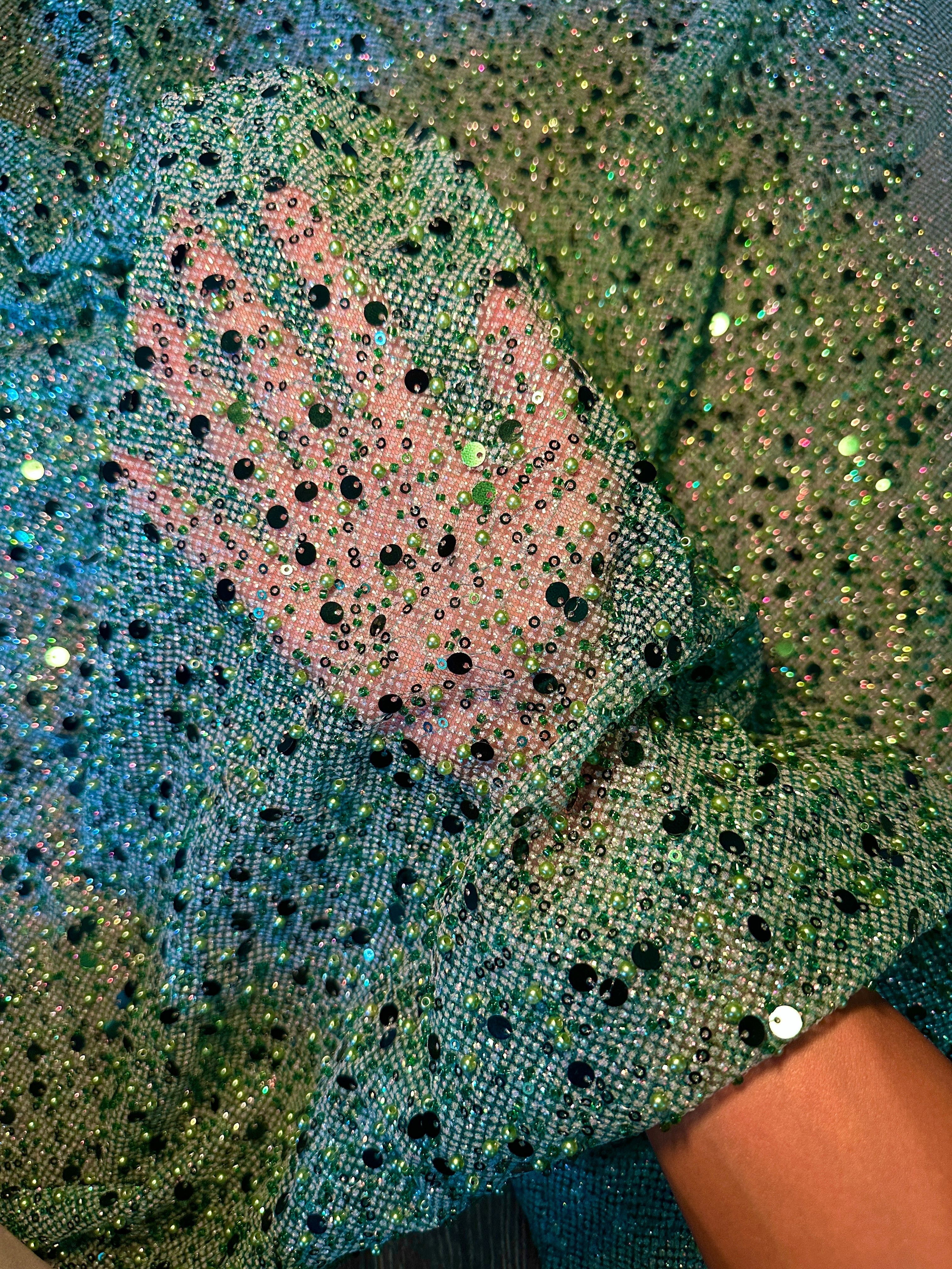 Emerald Green Sequin Beaded Pearl Mesh, Fabric Store, Sewing Store, Cheap Fabric Store, Kiki Textiles, Textile by the Yard