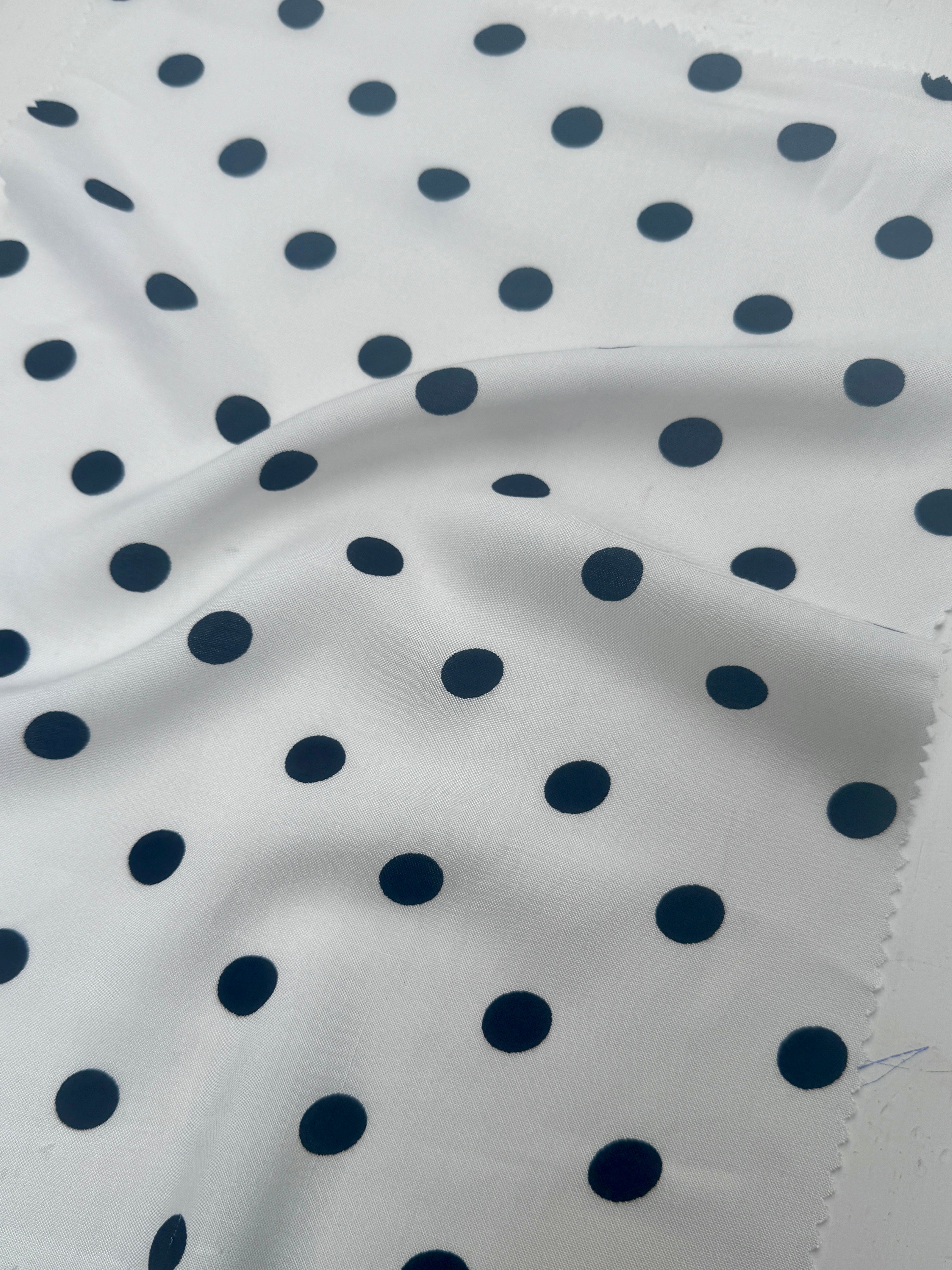 Black Polka dots on White Rayon Challis, Black Rayon Challis, Black and white Rayon Challis, eco-friendly fabric, pure Rayon Challis fabric, Rayon Challis, Rayon Challis fabric, kiki textiles, sewing