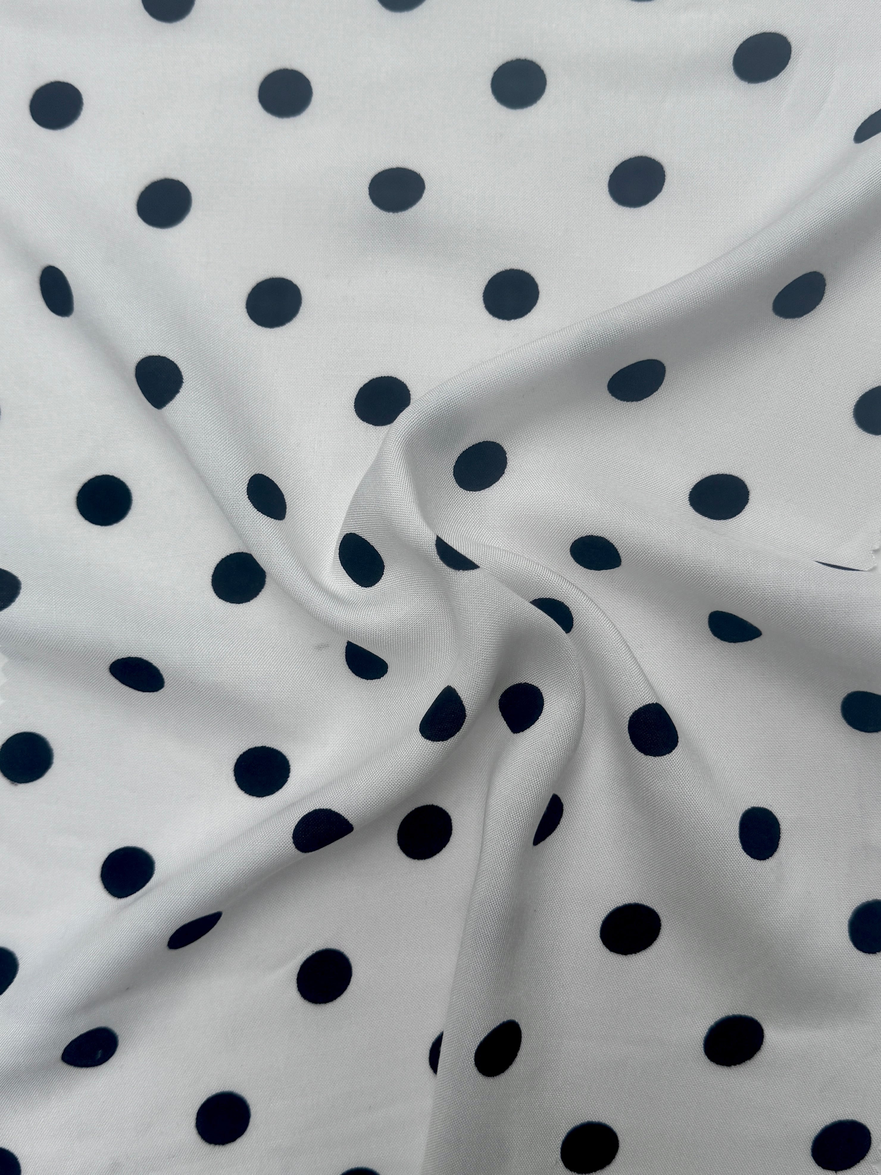 Black Polka dots on White Rayon Challis, online textile store, sewing, fabric store, sewing store, cheap fabric store, kiki textiles