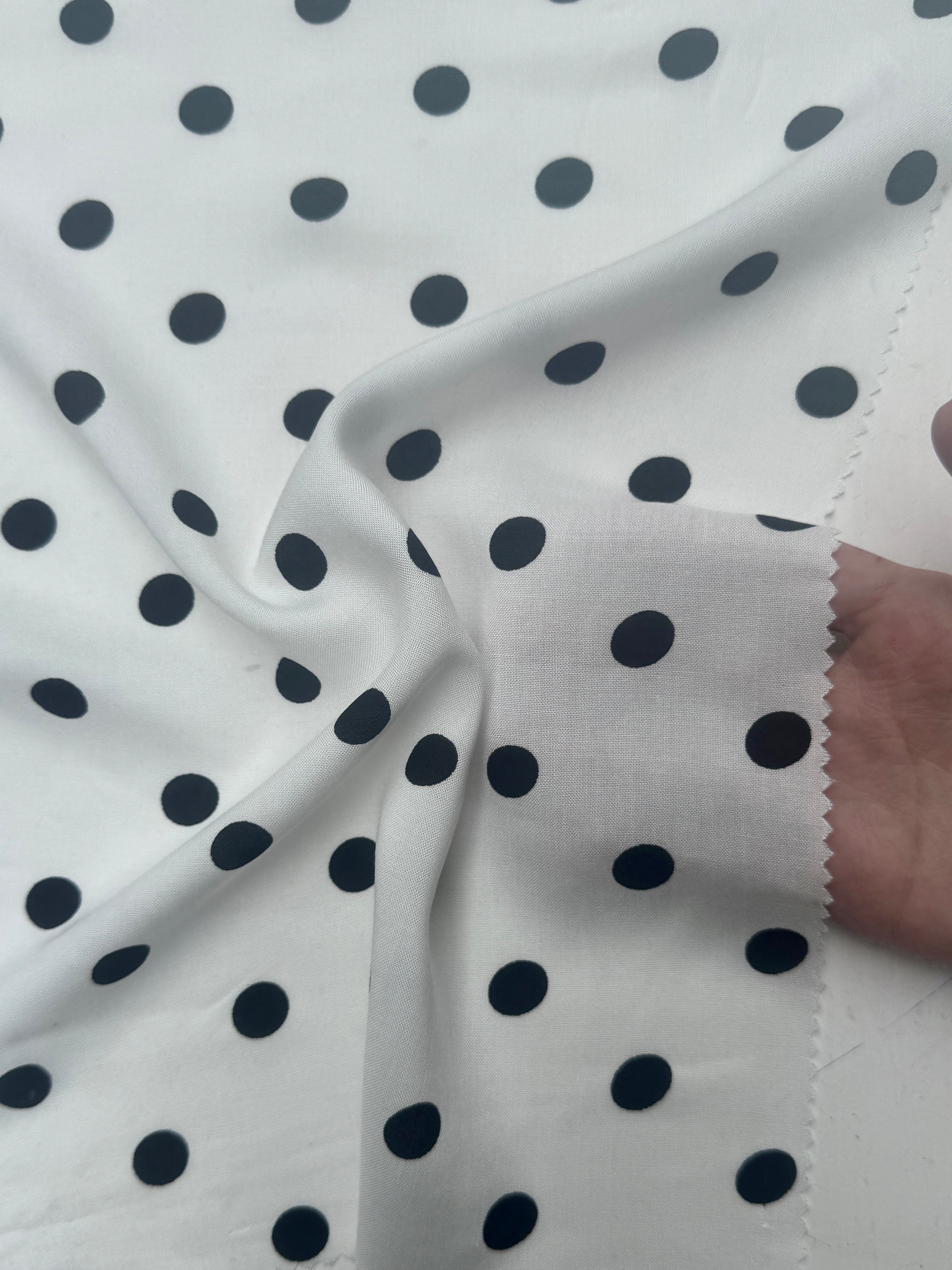 Black Polka dots on White Rayon Challis, Black Rayon Challis, Black and white Rayon Challis, eco-friendly fabric, pure Rayon Challis fabric, Rayon Challis, Rayon Challis fabric, kiki textiles, sewing