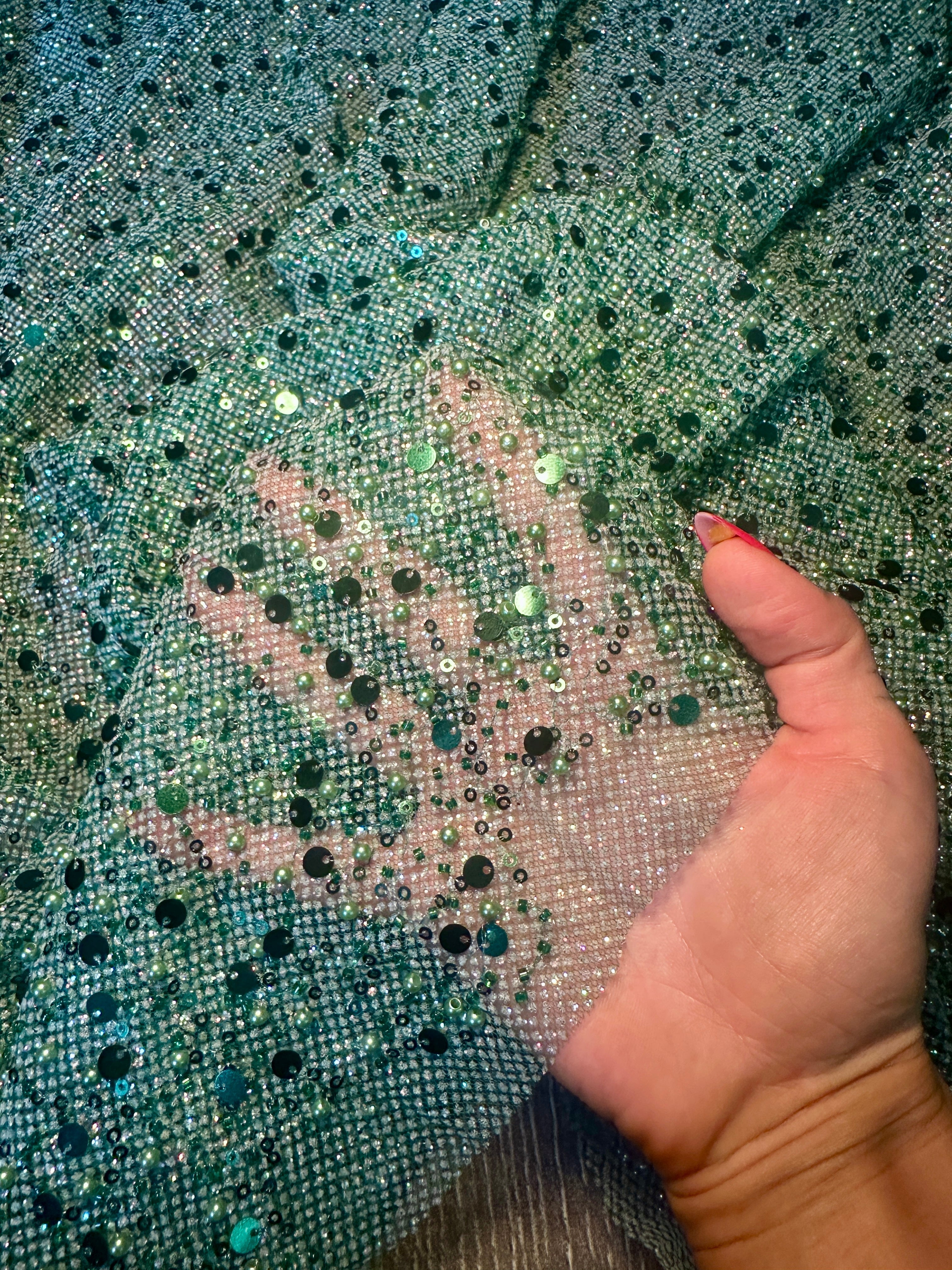 Emerald Green Sequin Beaded Pearl Mesh, Sequin on mesh, Pearl Beaded Mesh, beaded sequin on mesh, pearl beaded fabric, shimmering sequins 