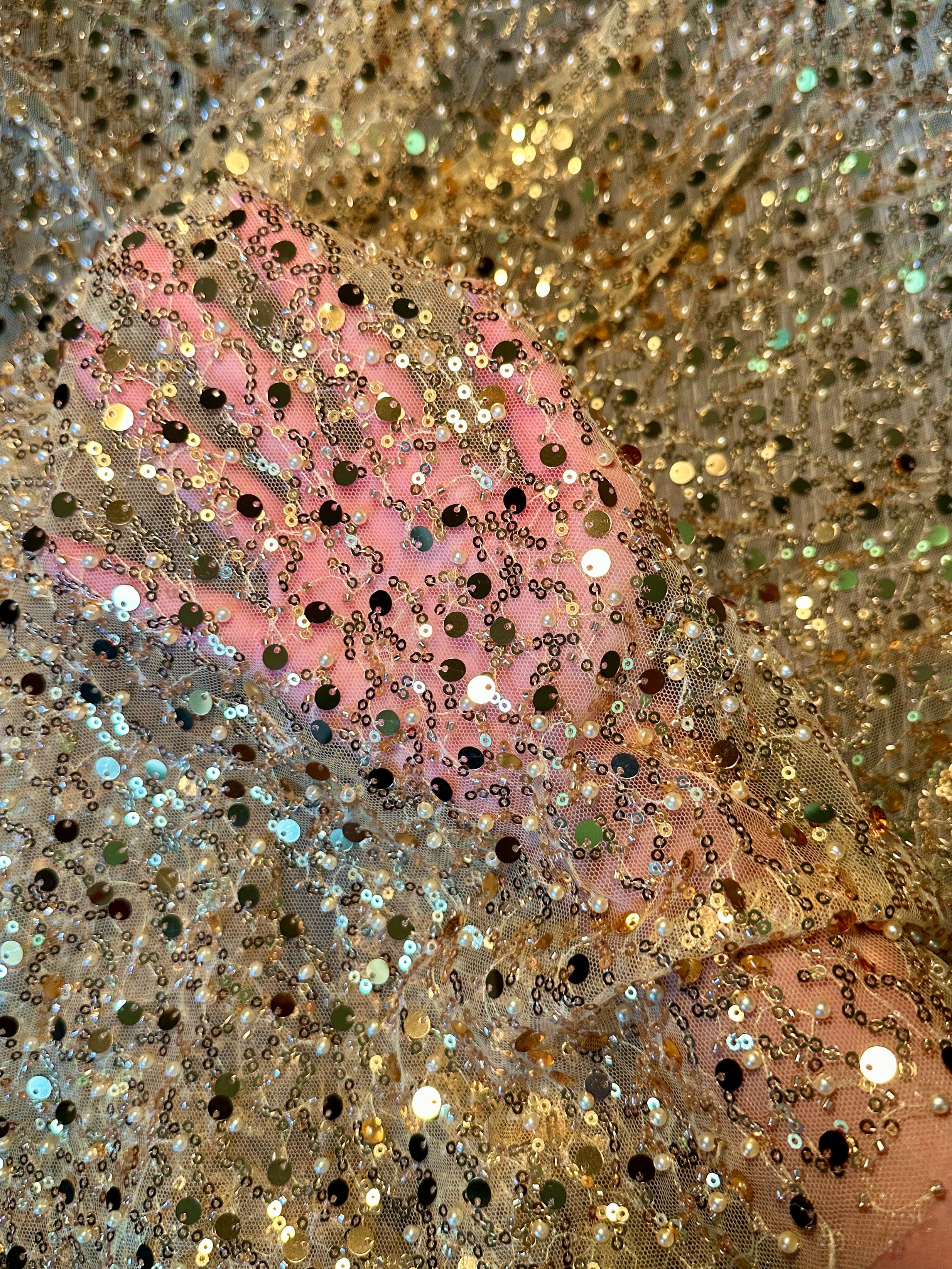Yellow Gold Sequin Beaded Pearl Mesh, Fabric Store, Sewing Store, Cheap Fabric Store, Kiki Textiles, Textile by the Yard