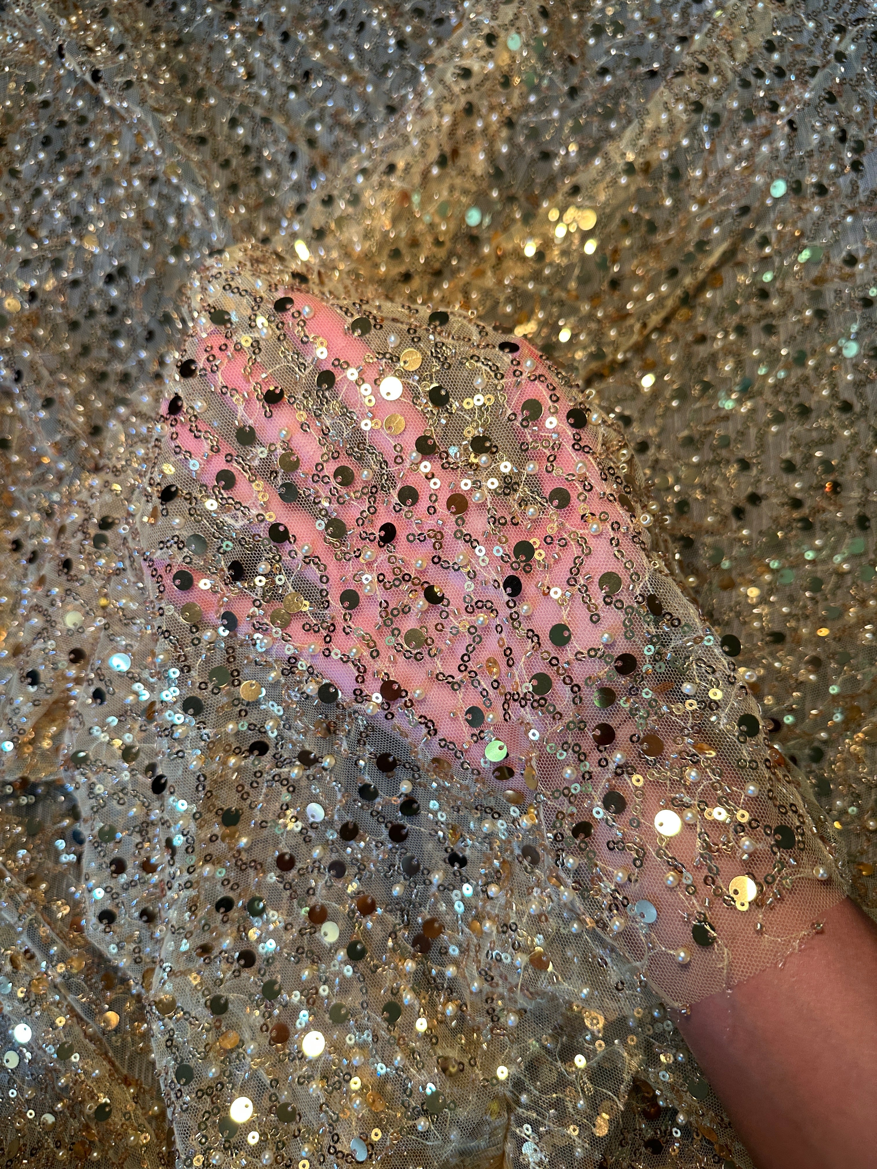 Yellow Gold Sequin Beaded Pearl Mesh, Sequin on mesh, Pearl Beaded Mesh, beaded sequin on mesh, pearl beaded fabric, shimmering sequins 