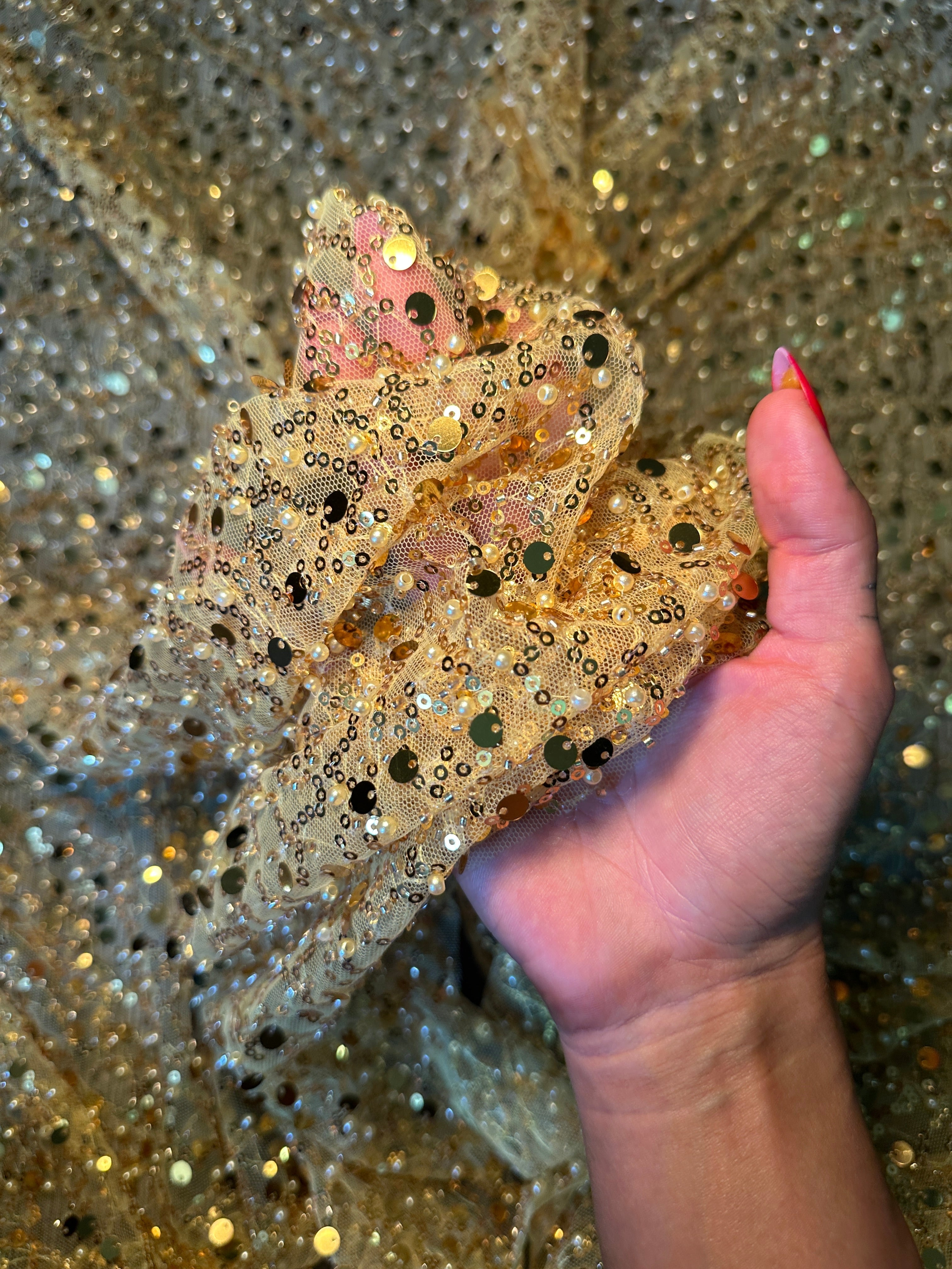 Yellow Gold Sequin Beaded Pearl Mesh, Sequin on mesh, Pearl Beaded Mesh, beaded sequin on mesh, pearl beaded fabric, shimmering sequins 