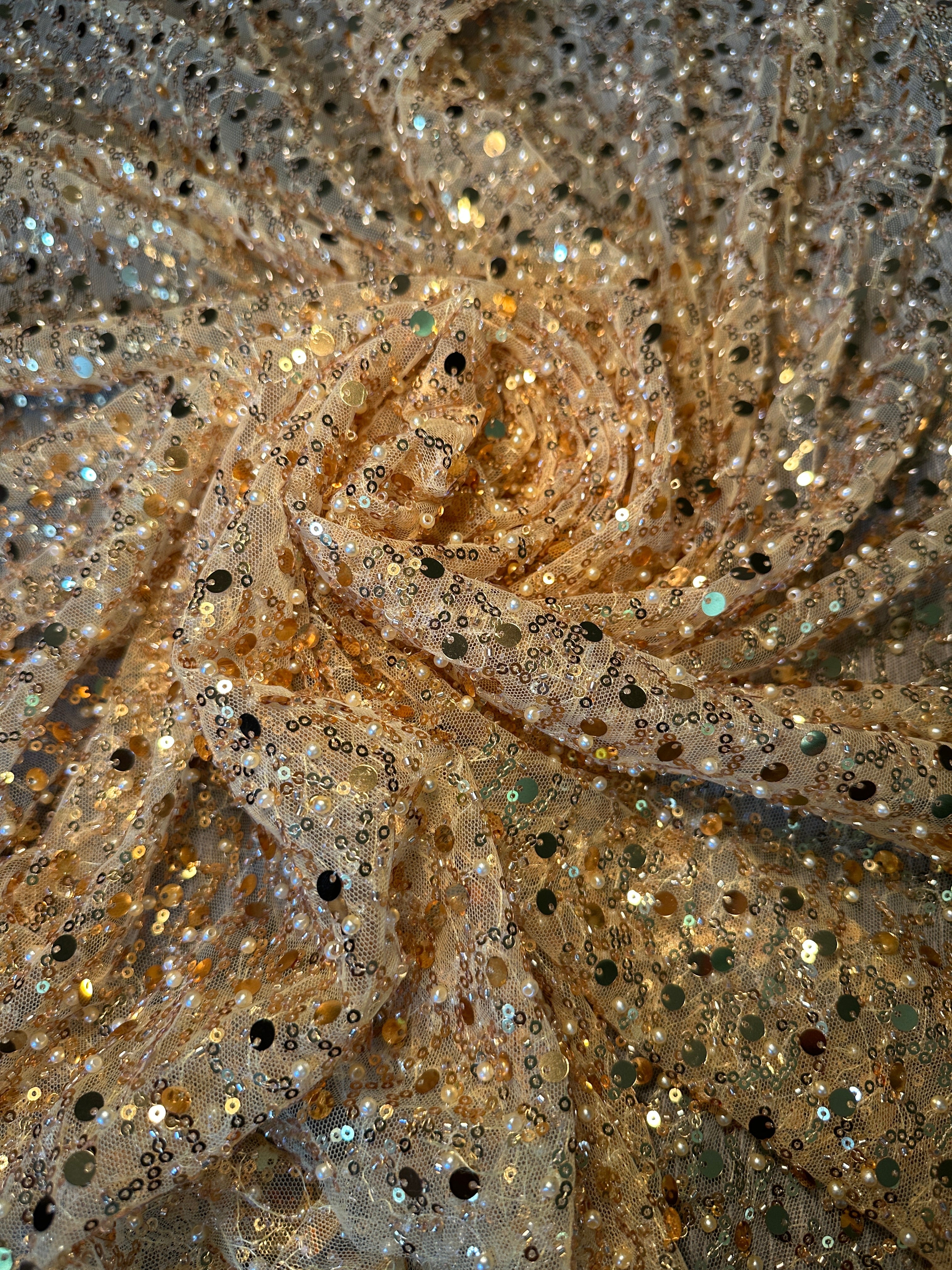 Yellow Gold Sequin Beaded Pearl Mesh, Sequin on mesh, Pearl Beaded Mesh, beaded sequin on mesh, pearl beaded fabric, shimmering sequins 