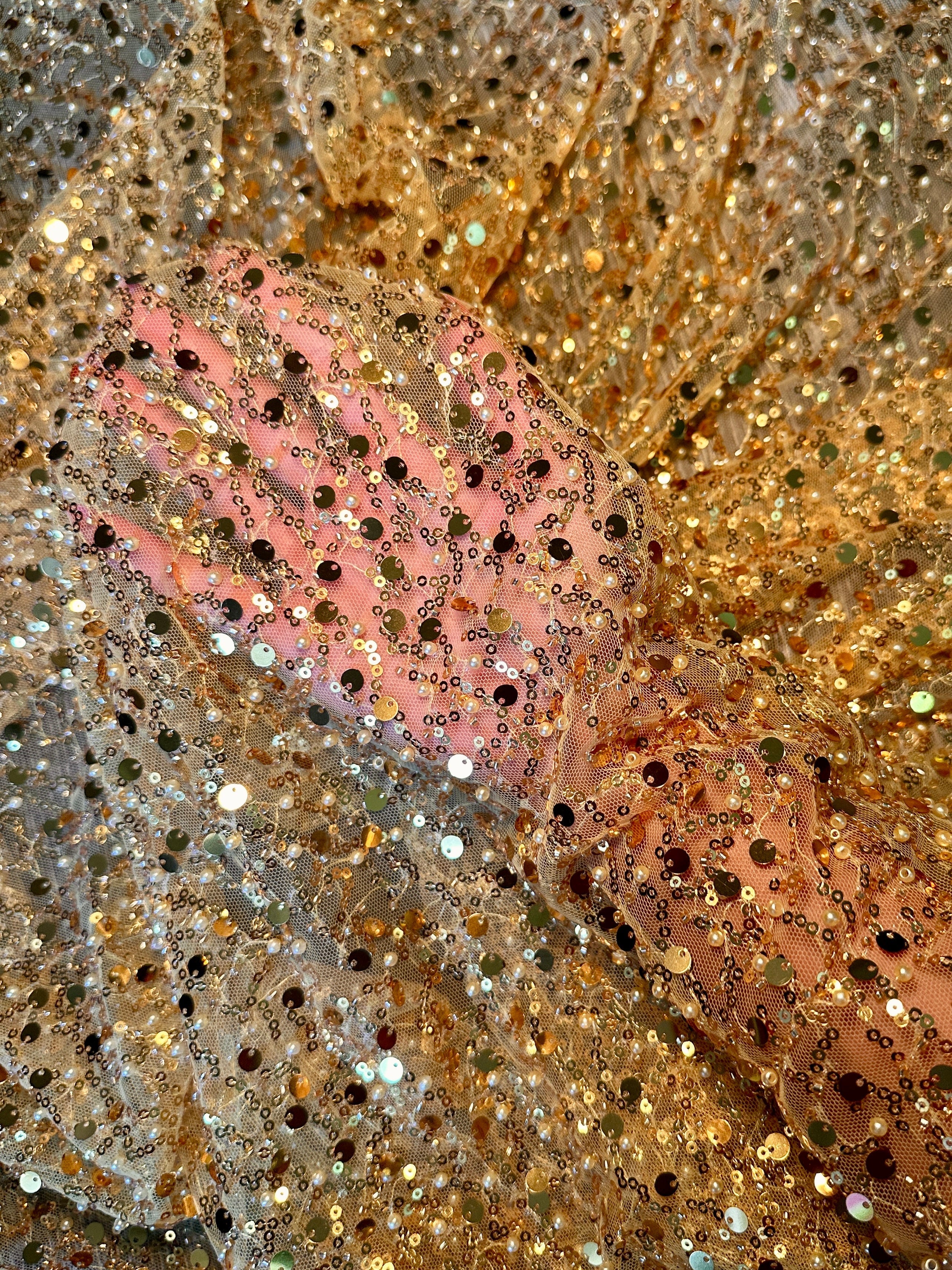 Yellow Gold Sequin Beaded Pearl Mesh, Fabric Store, Sewing Store, Cheap Fabric Store, Kiki Textiles, Textile by the Yard