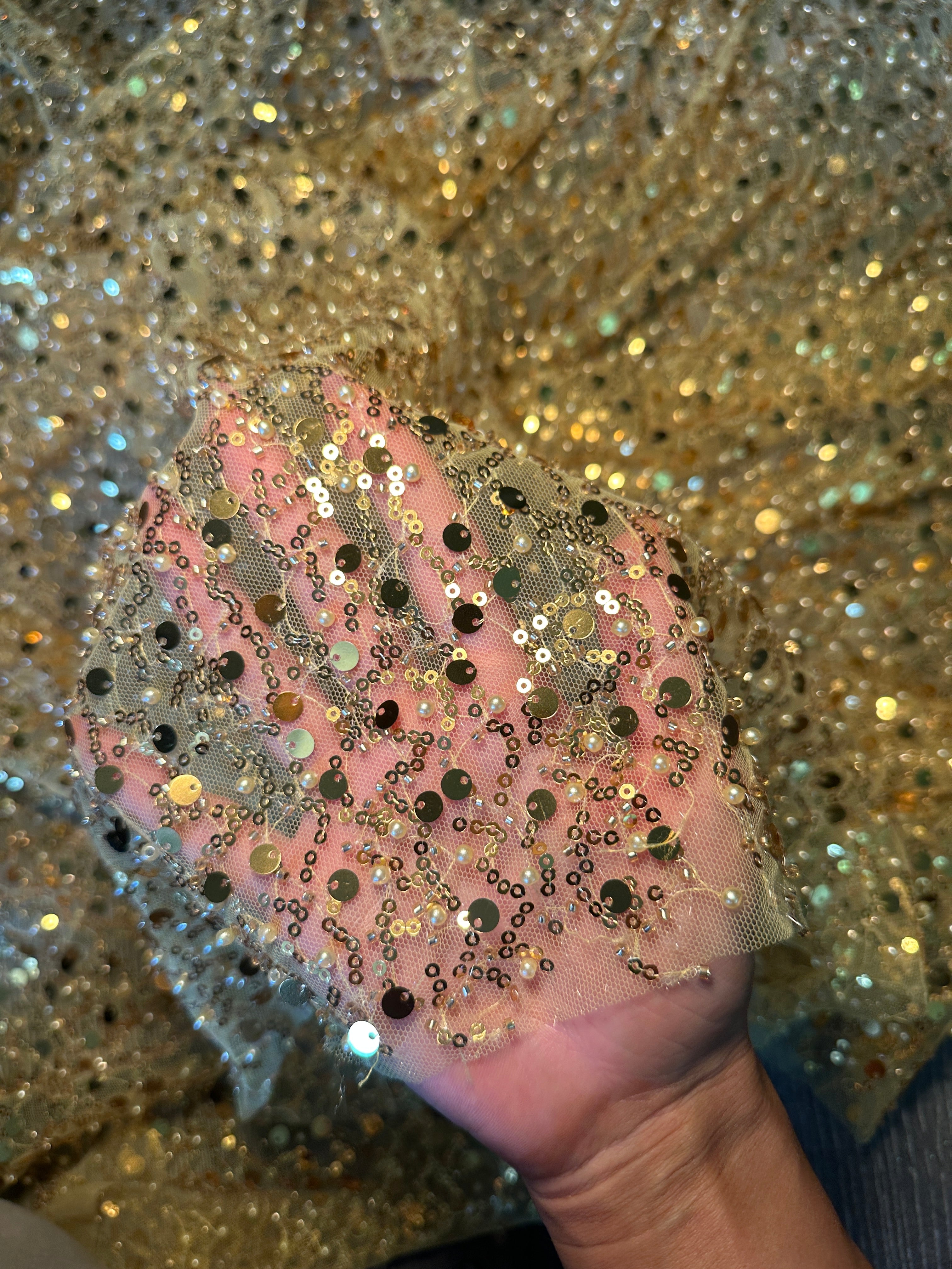 Yellow Gold Sequin Beaded Pearl Mesh, Fabric Store, Sewing Store, Cheap Fabric Store, Kiki Textiles, Textile by the Yard