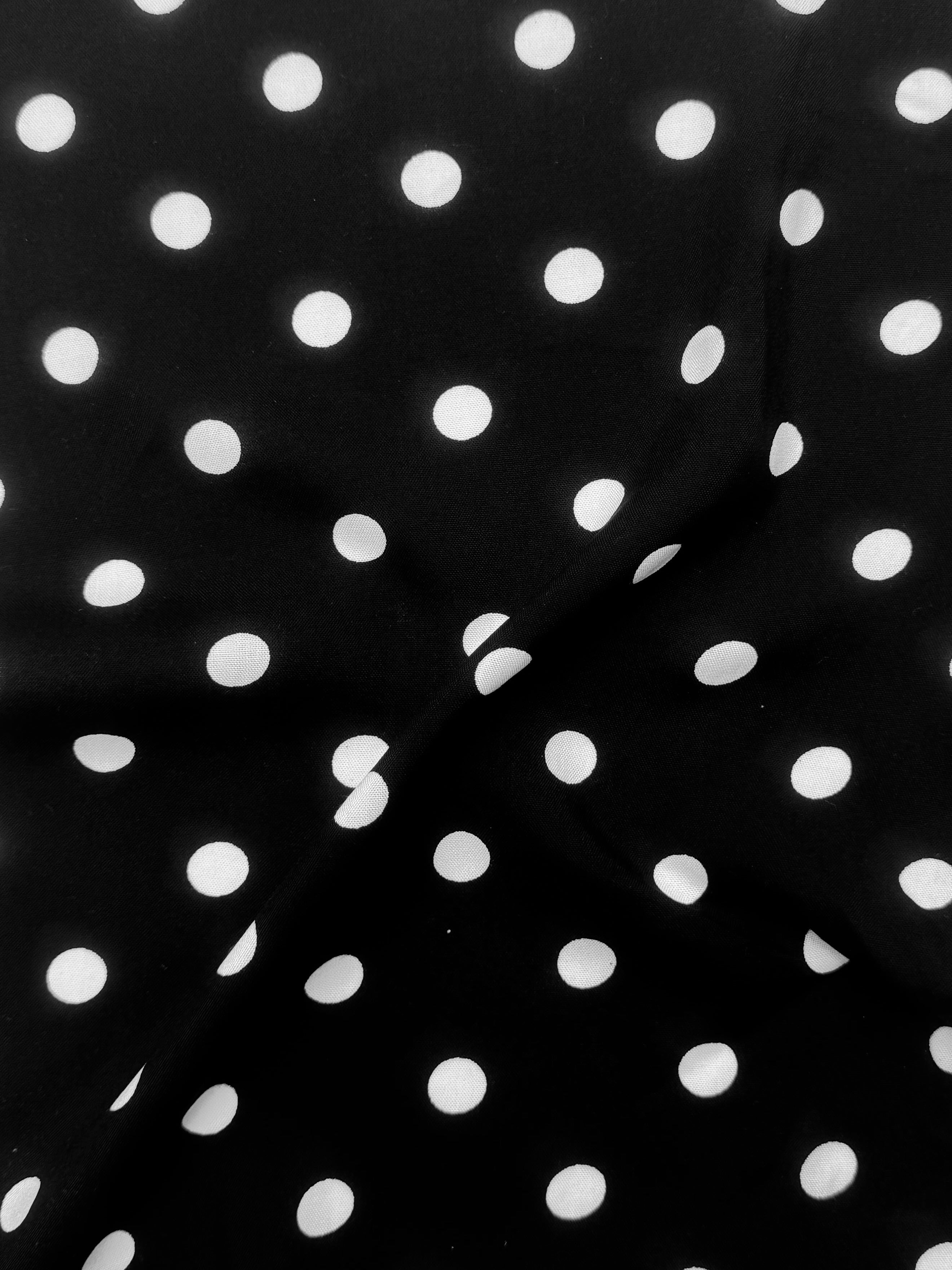 White polka dots on black rayon challis, Black Rayon Challis, Black and white Rayon Challis, eco-friendly fabric, pure Rayon Challis fabric, Rayon Challis, Rayon Challis fabric, kiki textiles, sewing