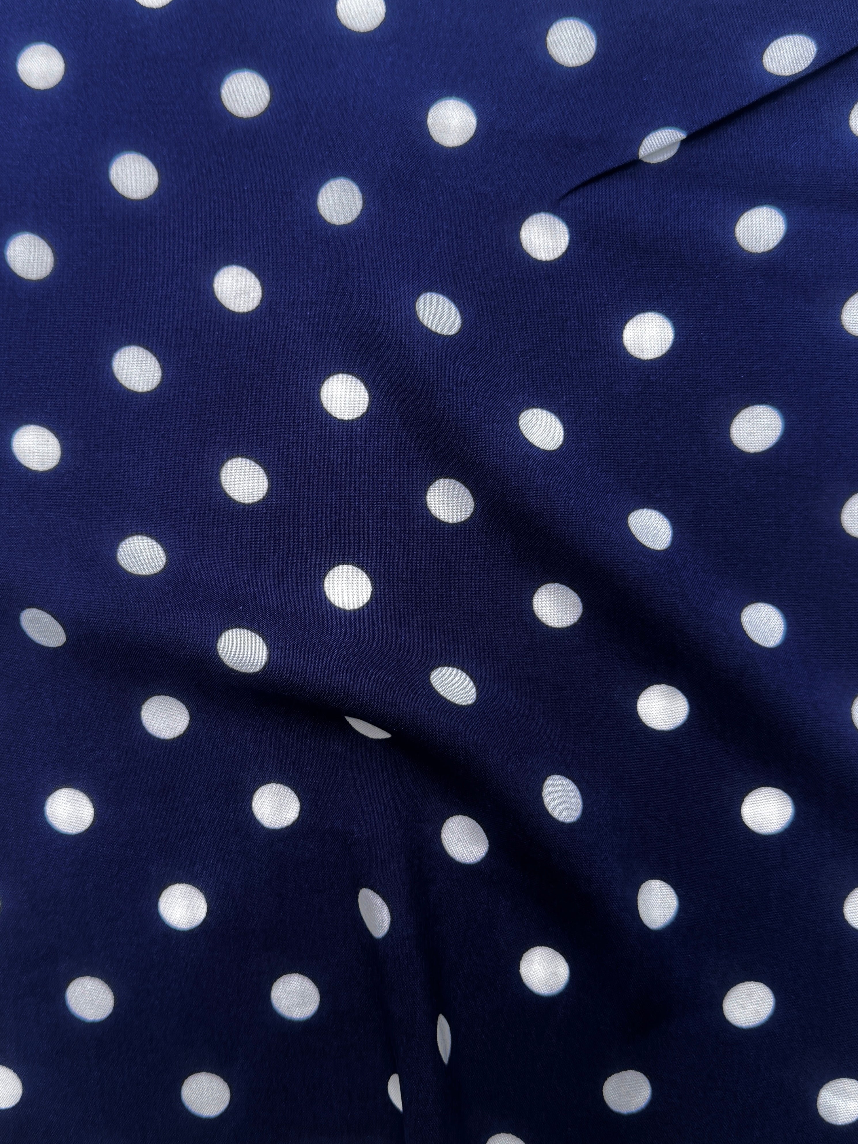 Navy Polka dots on White Rayon Challis, Blue Rayon Challis, Navy and white Rayon Challis, eco-friendly fabric, pure Rayon Challis fabric, Rayon Challis, Rayon Challis fabric, kiki textiles, sewing  