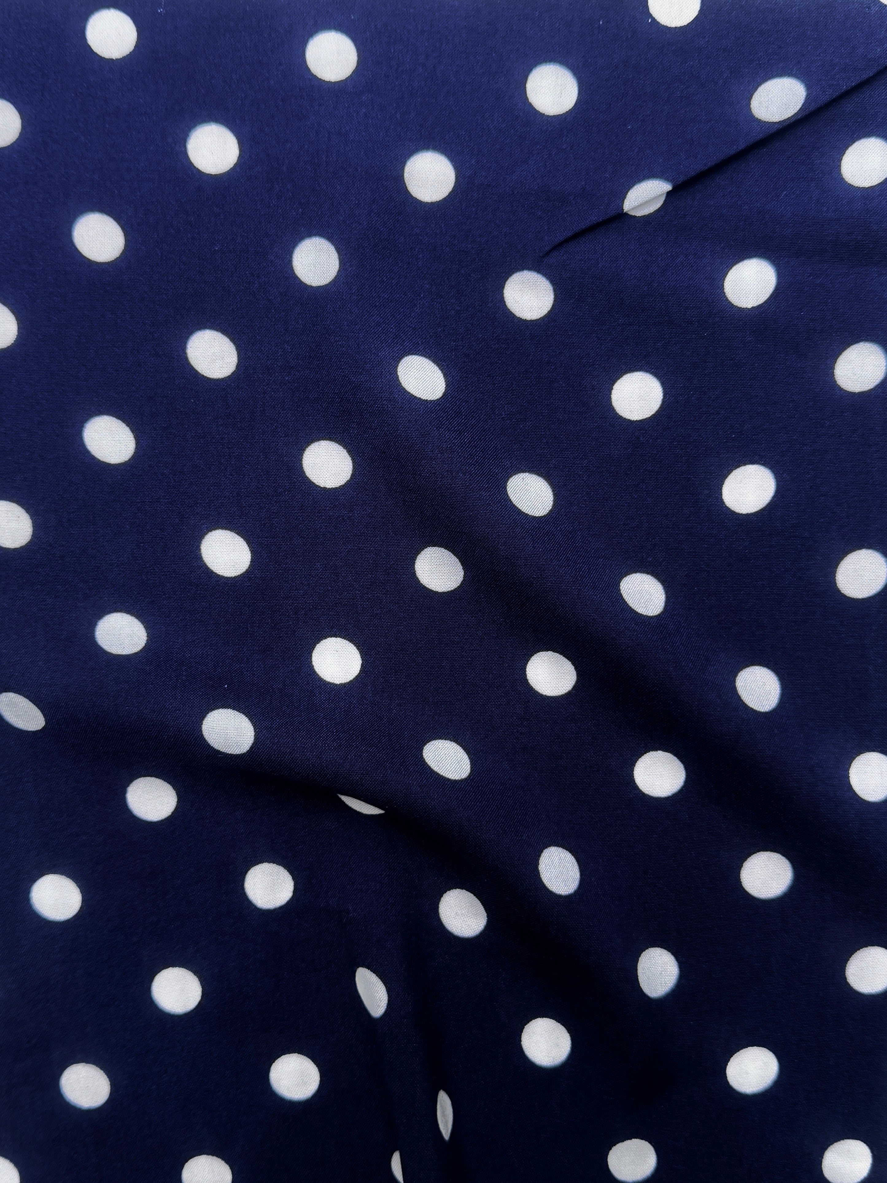 Navy Polka dots on White Rayon Challis, online textile store, sewing, fabric store, sewing store, cheap fabric store, kiki textiles