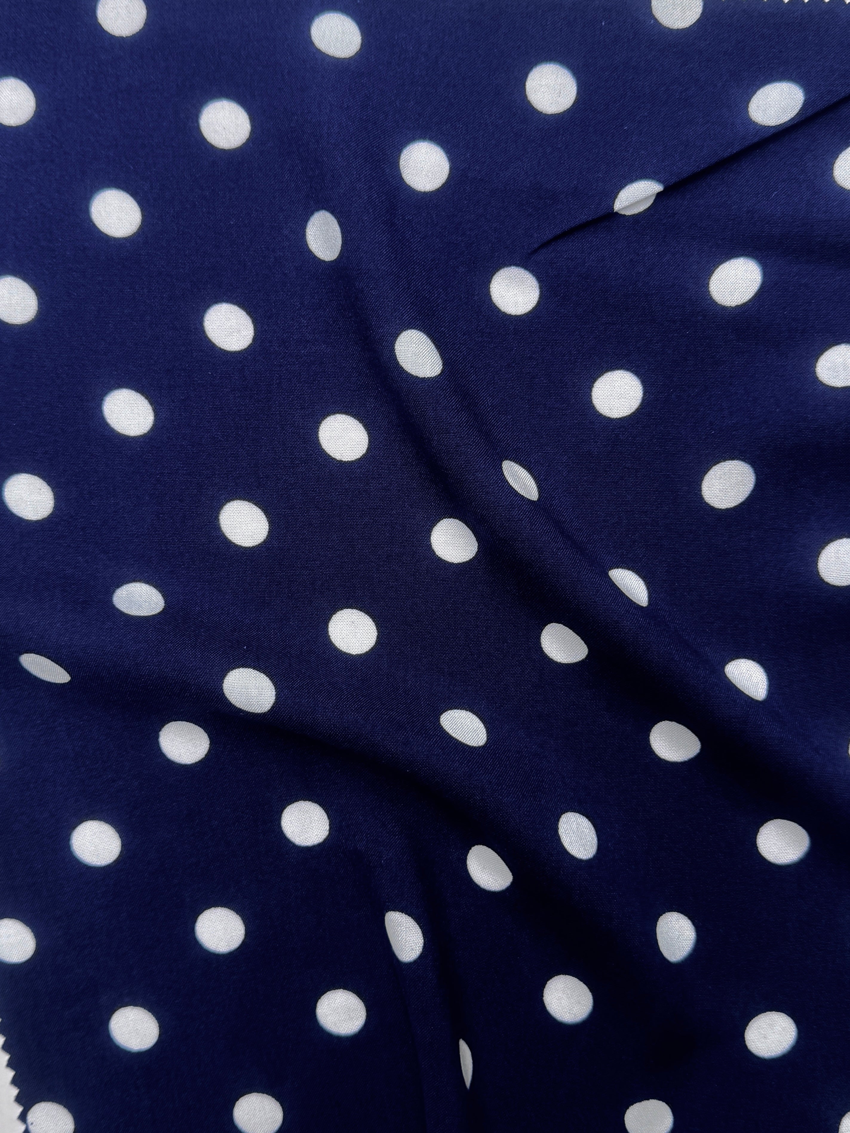 Navy Polka dots on White Rayon Challis, online textile store, sewing, fabric store, sewing store, cheap fabric store, kiki textiles