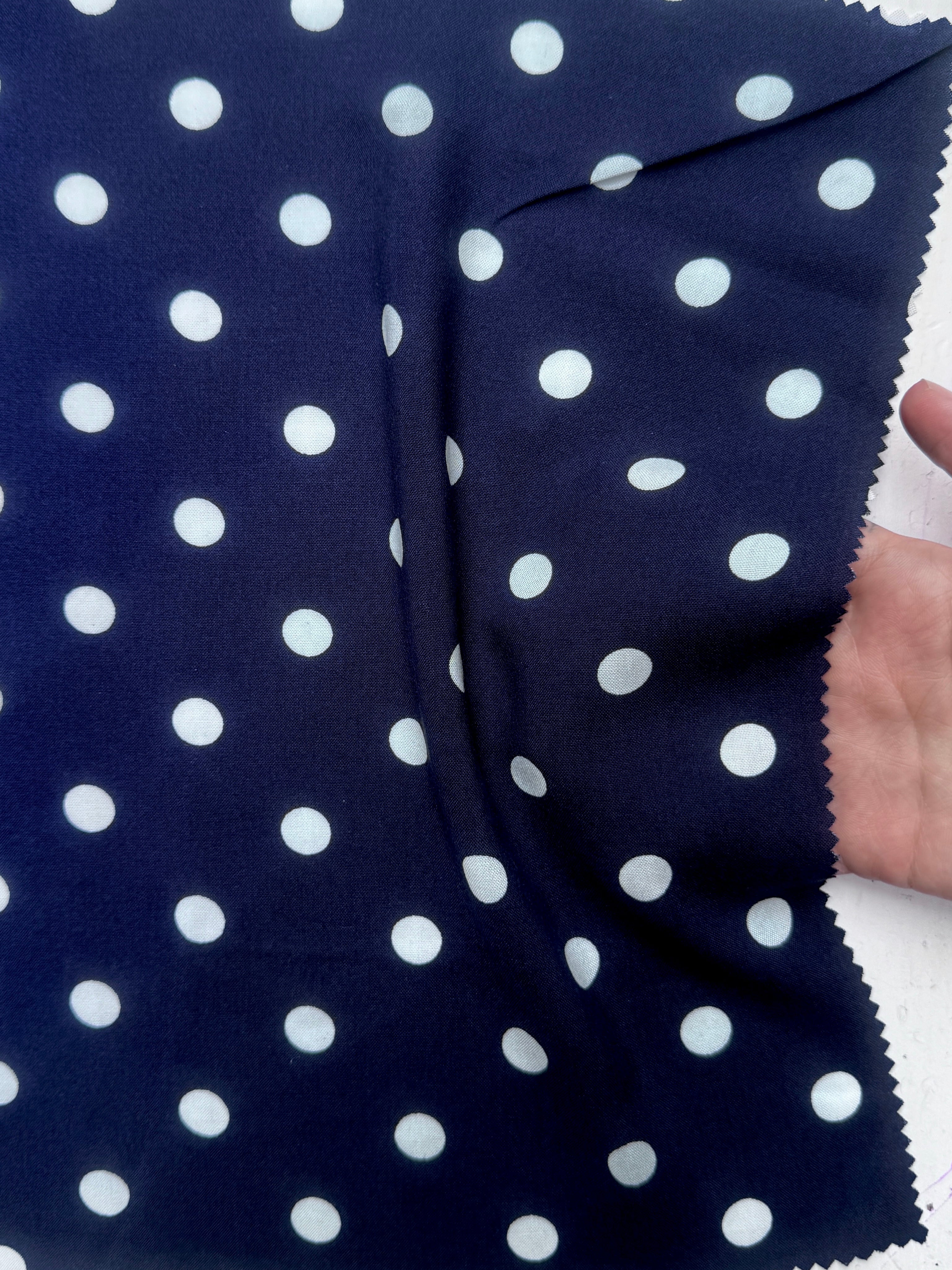 Navy Polka dots on White Rayon Challis, online textile store, sewing, fabric store, sewing store, cheap fabric store, kiki textiles