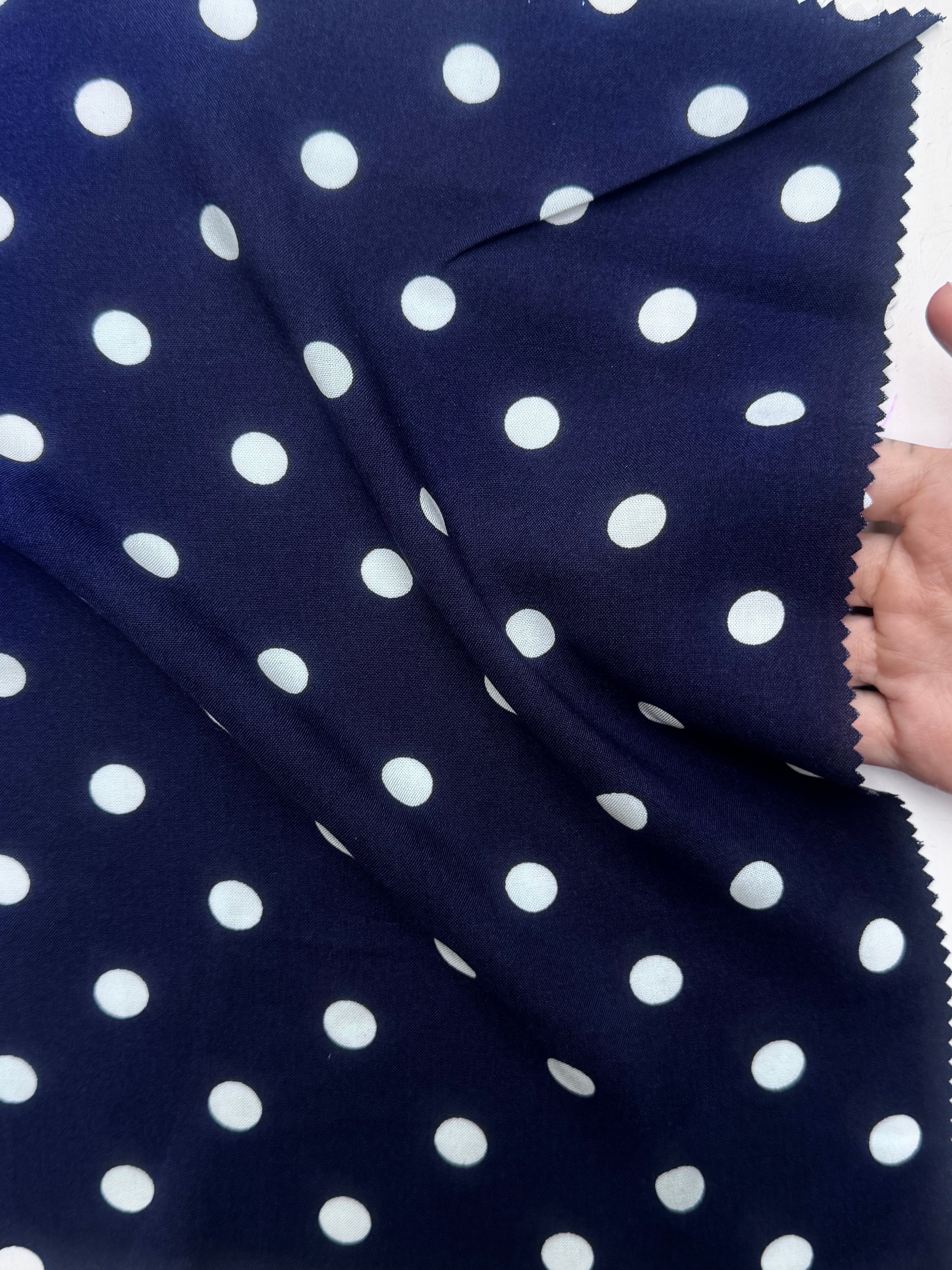 Navy Polka dots on White Rayon Challis, Blue Rayon Challis, Navy and white Rayon Challis, eco-friendly fabric, pure Rayon Challis fabric, Rayon Challis, Rayon Challis fabric, kiki textiles, sewing  
