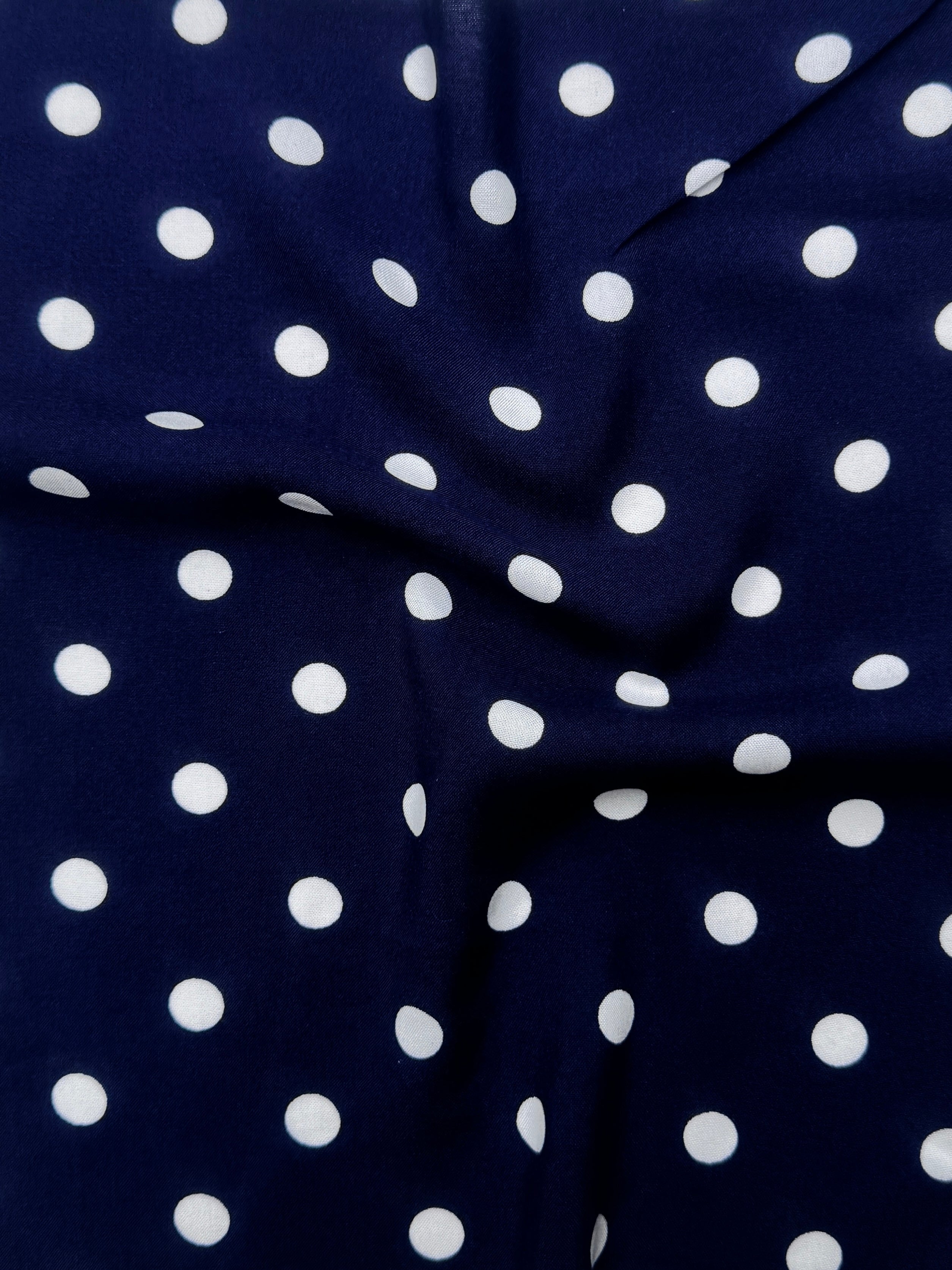 Navy Polka dots on White Rayon Challis, Blue Rayon Challis, Navy and white Rayon Challis, eco-friendly fabric, pure Rayon Challis fabric, Rayon Challis, Rayon Challis fabric, kiki textiles, sewing  