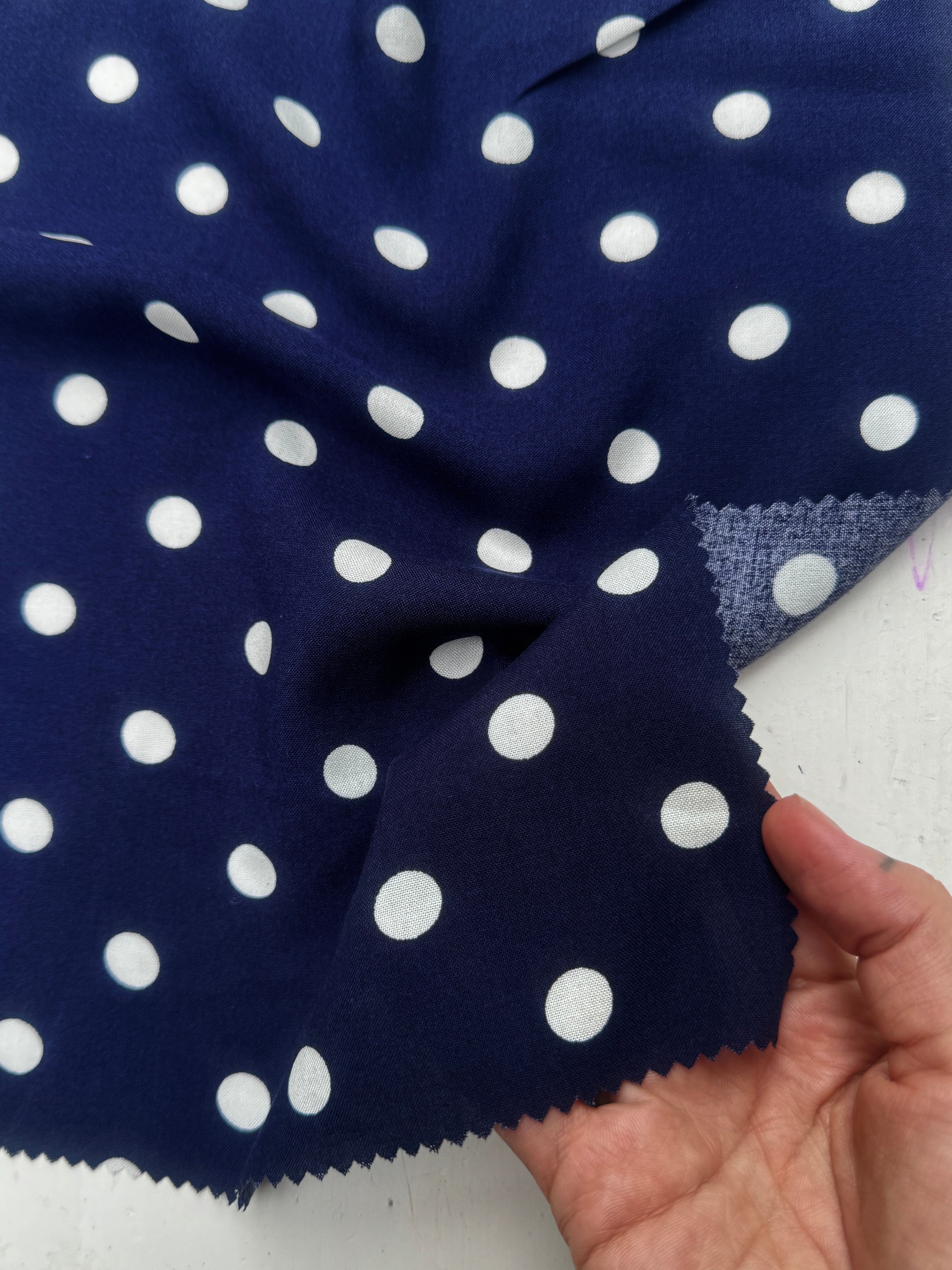 Navy Polka dots on White Rayon Challis, Blue Rayon Challis, Navy and white Rayon Challis, eco-friendly fabric, pure Rayon Challis fabric, Rayon Challis, Rayon Challis fabric, kiki textiles, sewing  