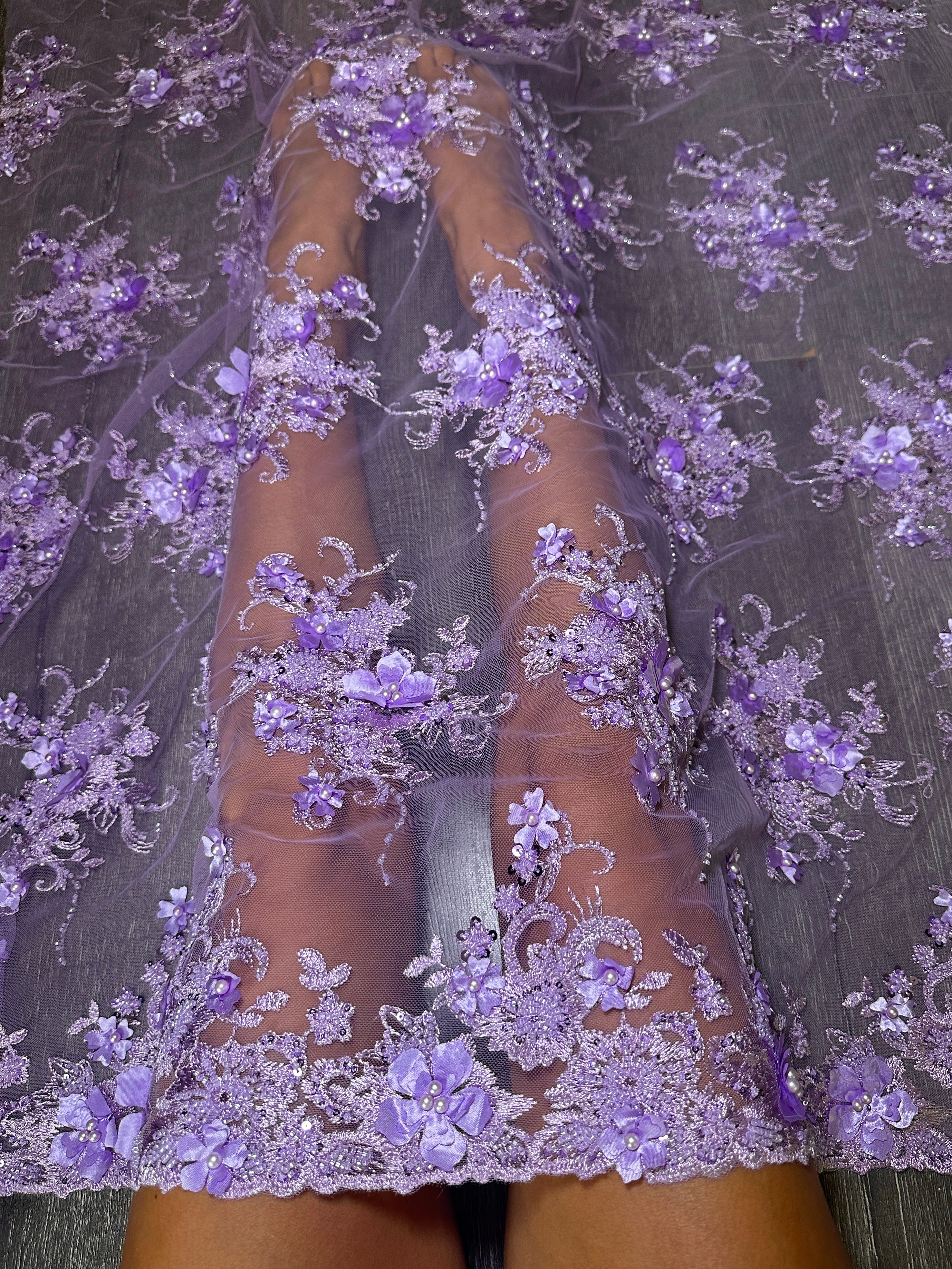 Lavender 3D Floral Embroidered Beaded Tulle Lace, Embroidered Lace, Beaded Tulle Lace, Tulle for Wedding Dress, Pearl Material, Tulle Fabric, Tulle Lace Dress Woman